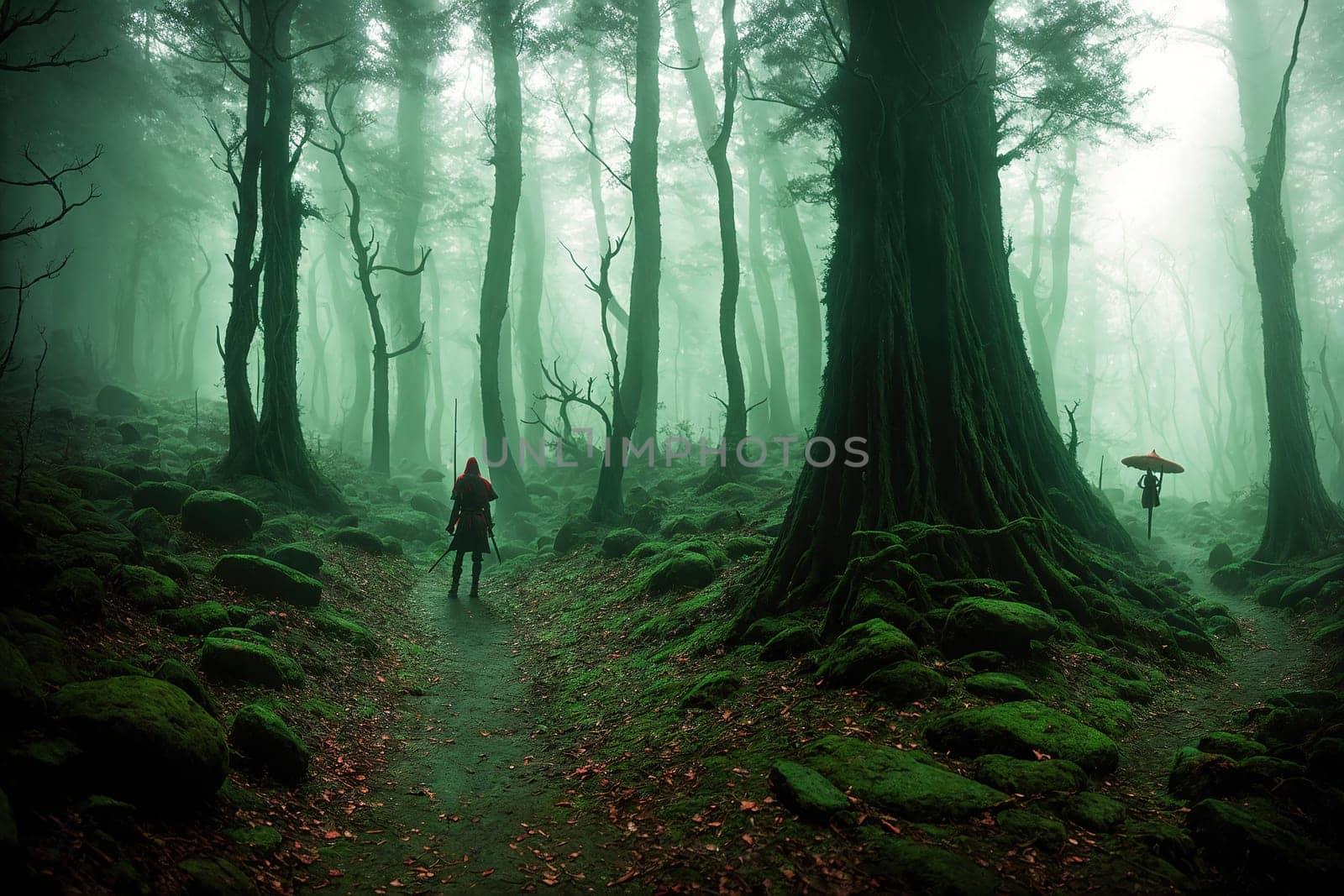 The image shows a woman walking through a dense forest with tall trees on either side of her, the path leading through the misty fog.