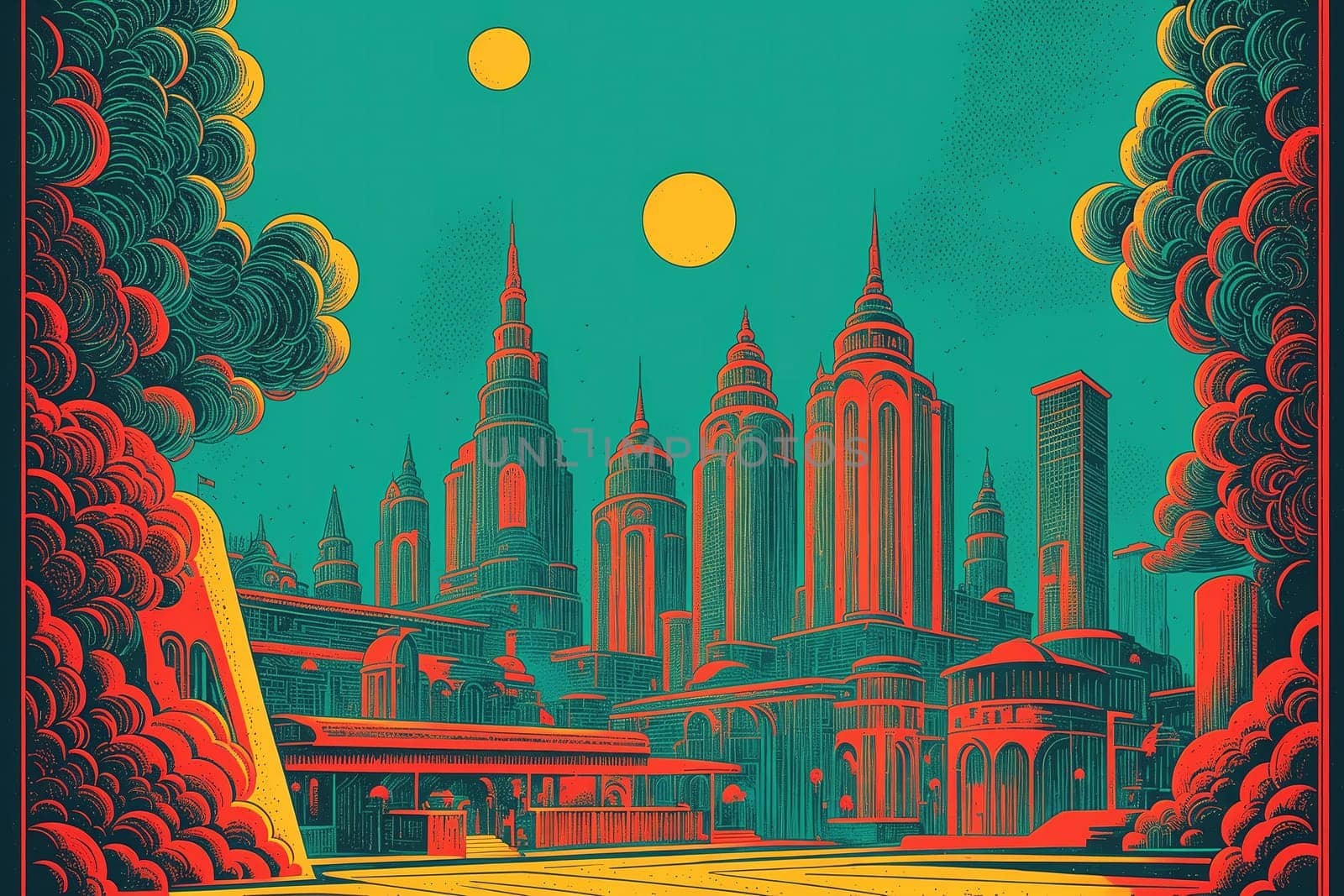 The image depicts a futuristic cityscape with towering skyscrapers, neon lights, and a bright blue sky.
