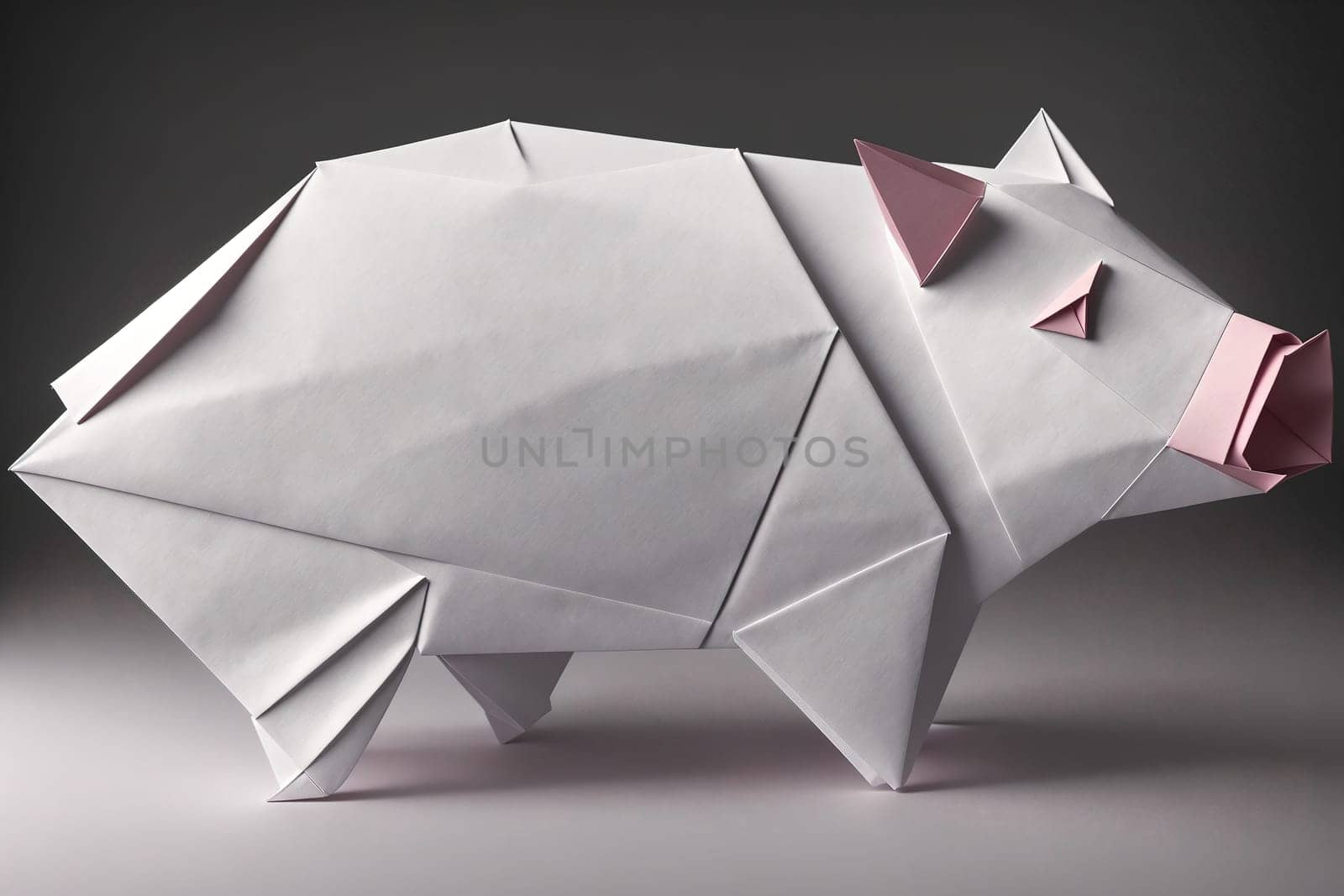 The image is a white paper origami pig standing on its hind legs with its front legs folded under its body.