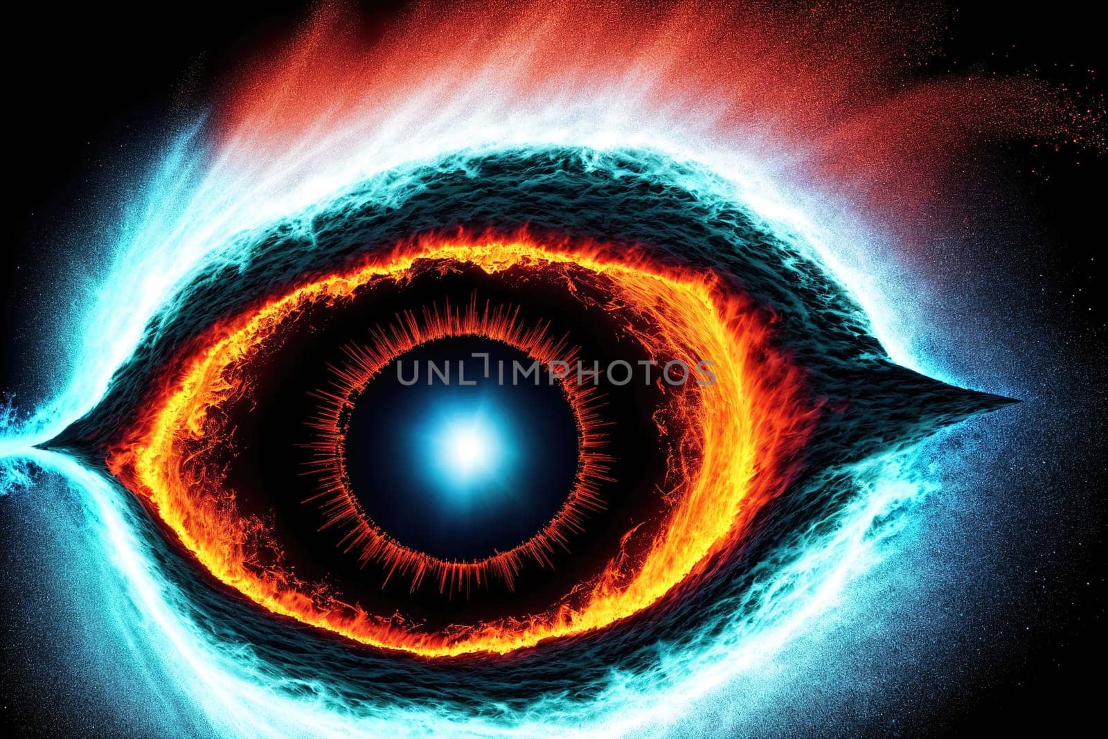 The image is a blue and orange eye with a glowing center.