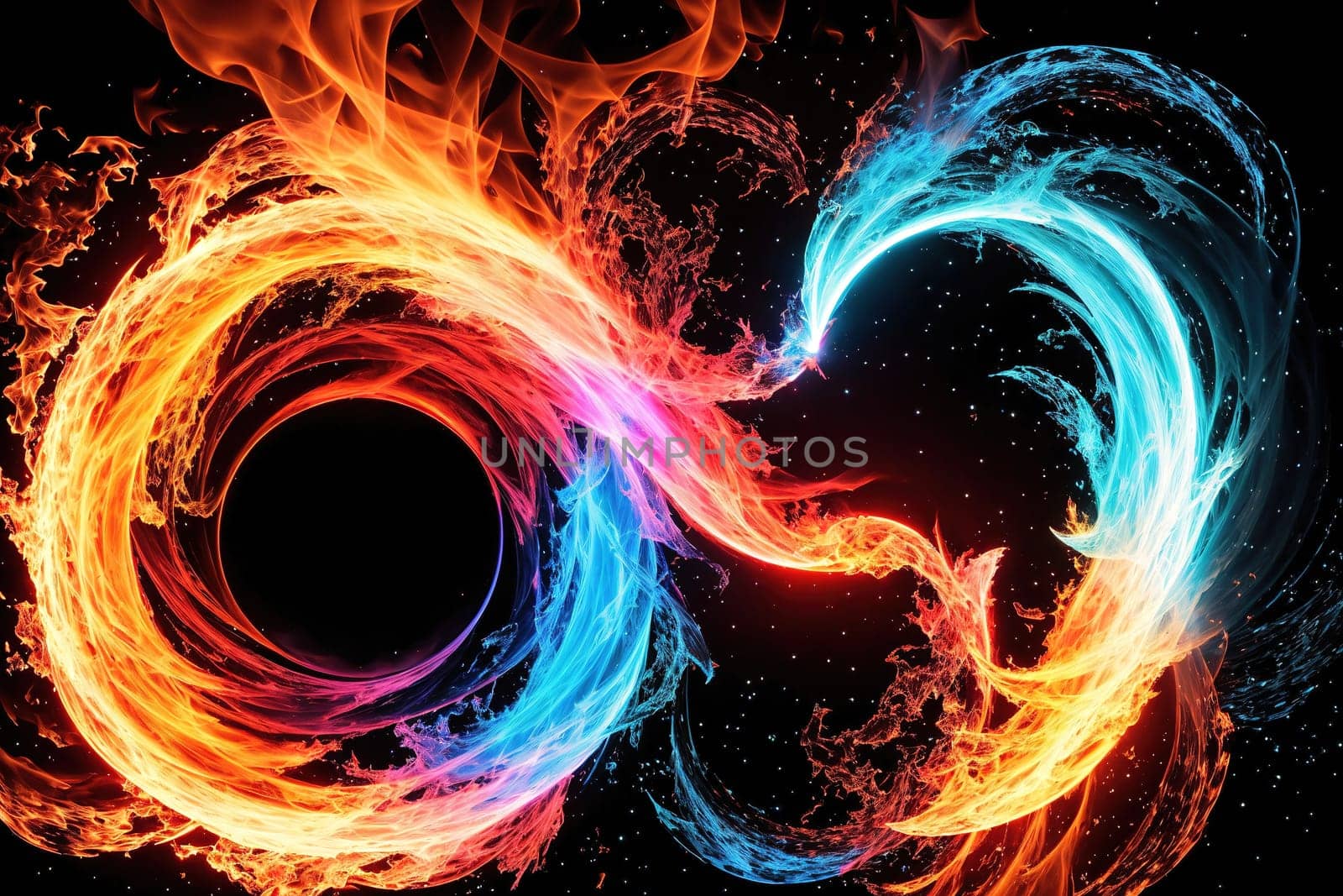 The image is a swirling, colorful flame with a circular shape in the center.