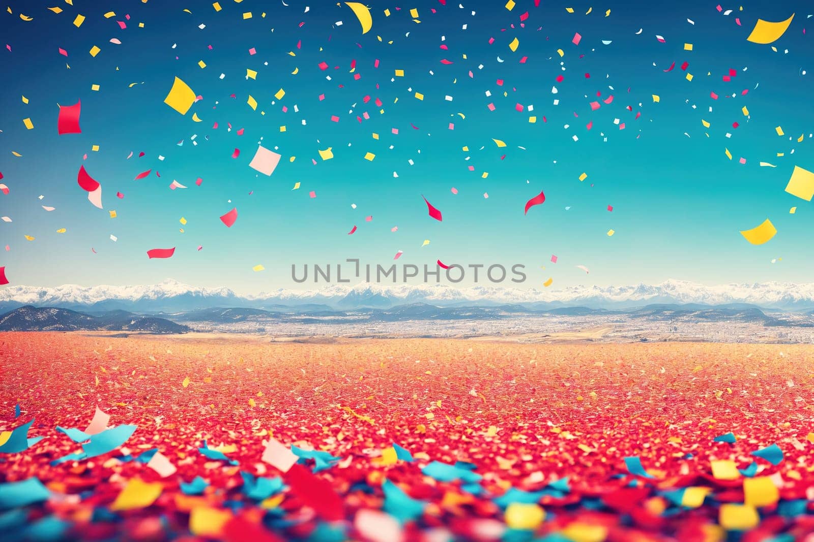 The image is a colorful landscape with a large pile of confetti in the foreground.