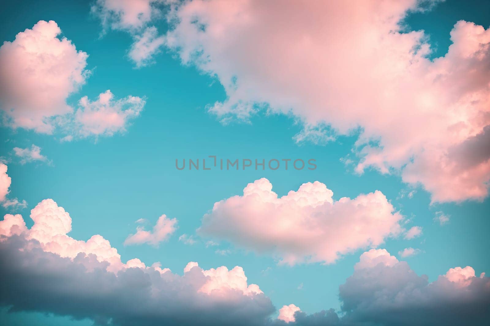 The image is a blue sky with fluffy white clouds floating in it.