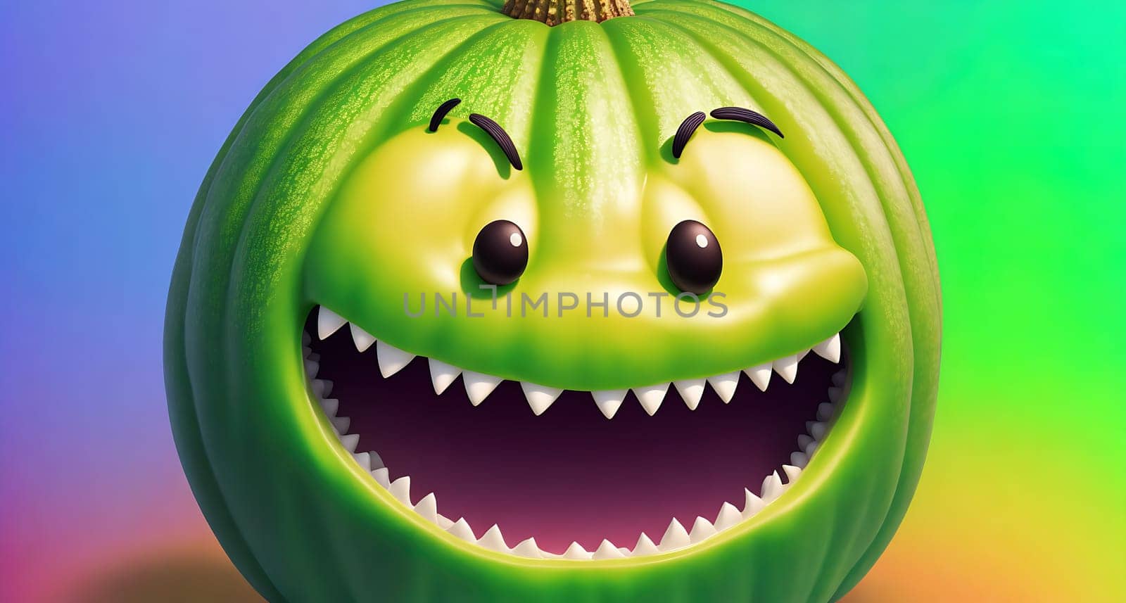 The image is a cartoon pumpkin with a smiling face and sharp teeth.
