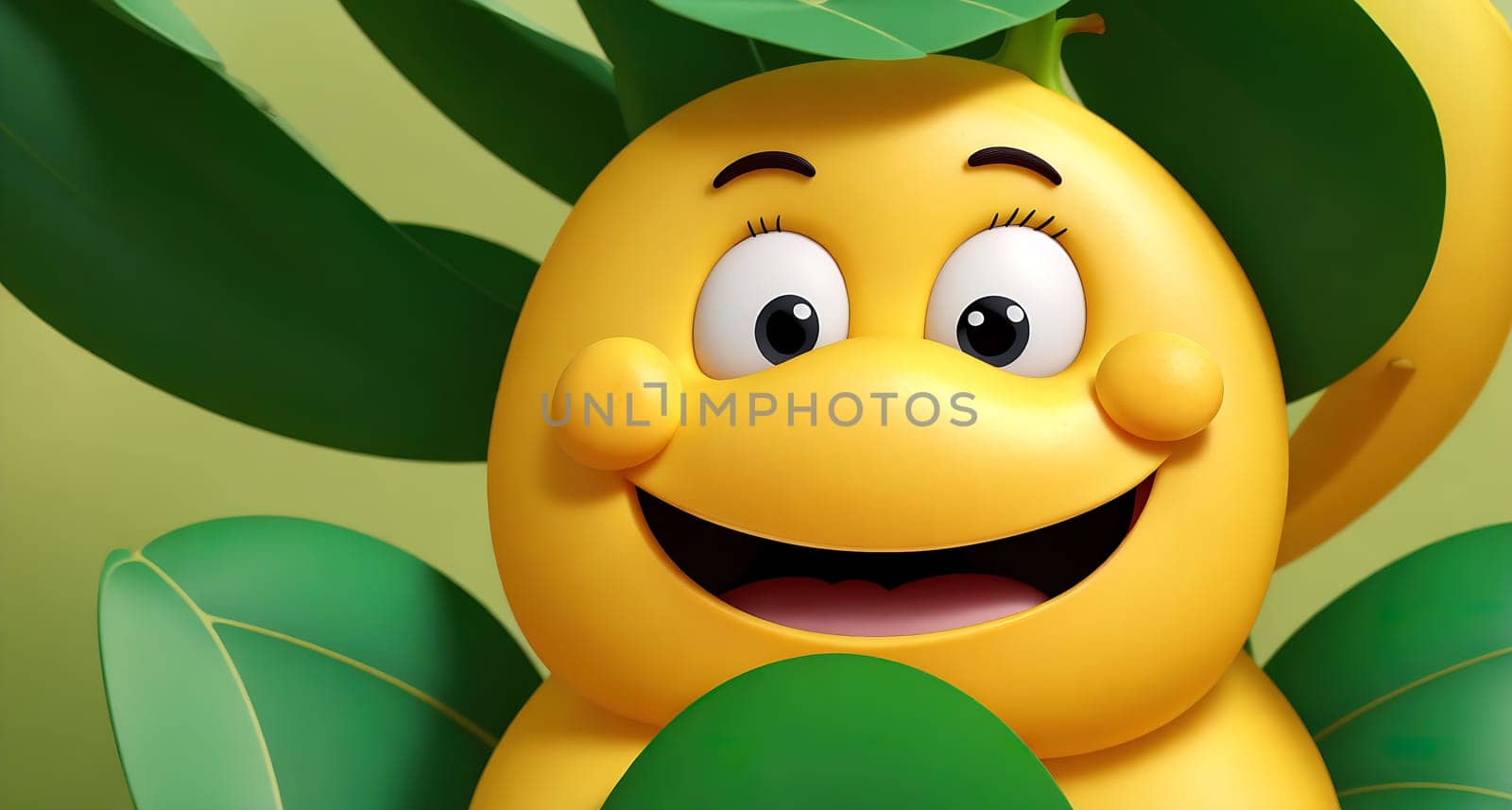 The image shows a cartoon monkey peeking out from behind a leaf.