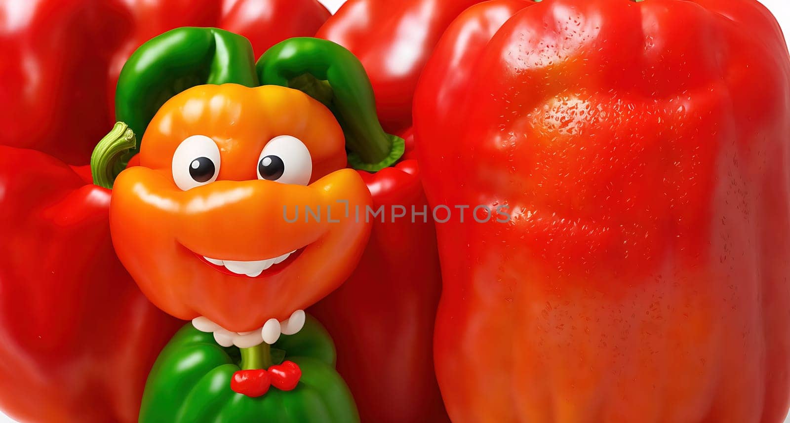 The image shows a cartoon pepper with a smiling face and a green hat standing among a group of red peppers.