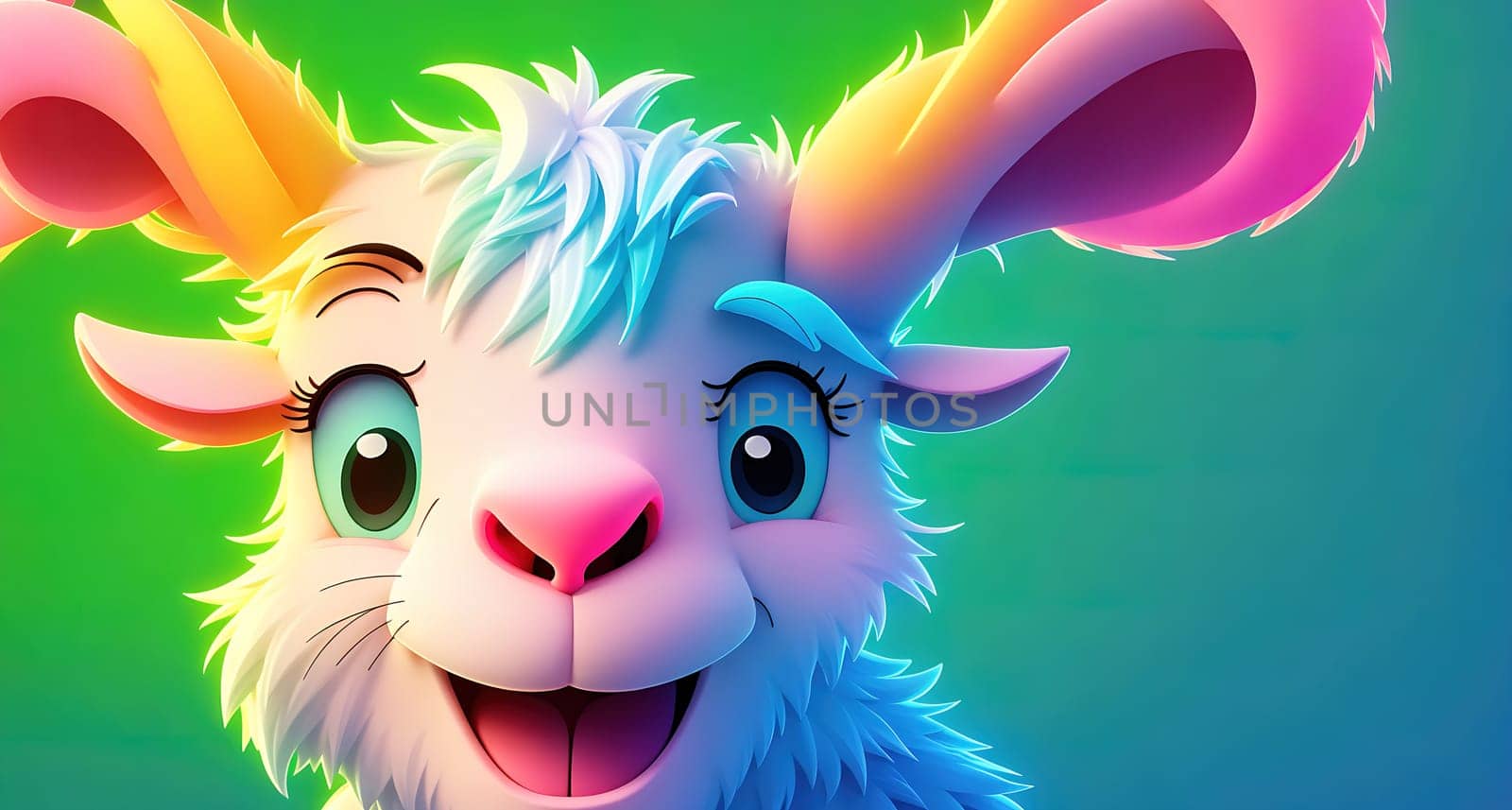 The image is a cartoon illustration of a cute, fluffy white rabbit with pink ears and a big smile on its face.
