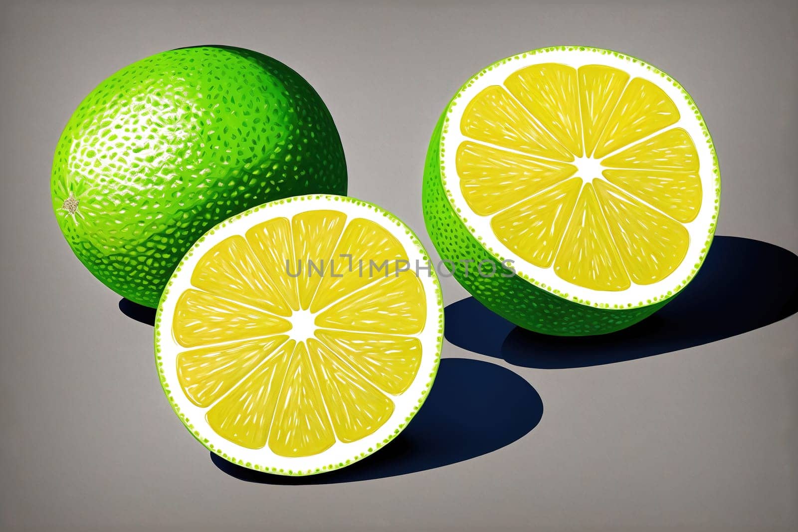 The image shows three sliced limes on a gray background.
