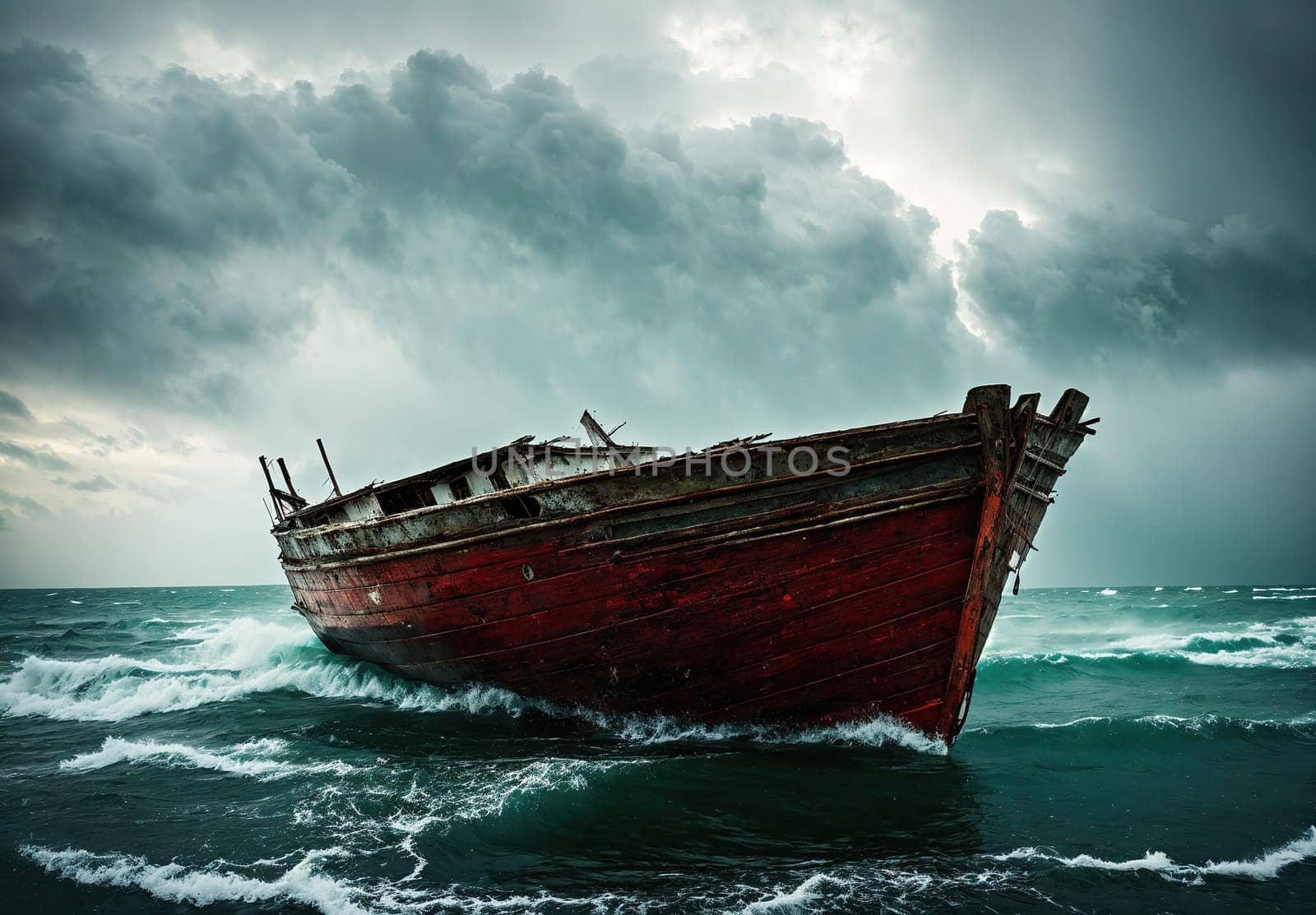 The image shows a red boat floating in the ocean with waves crashing against it, creating a dramatic and ominous atmosphere.