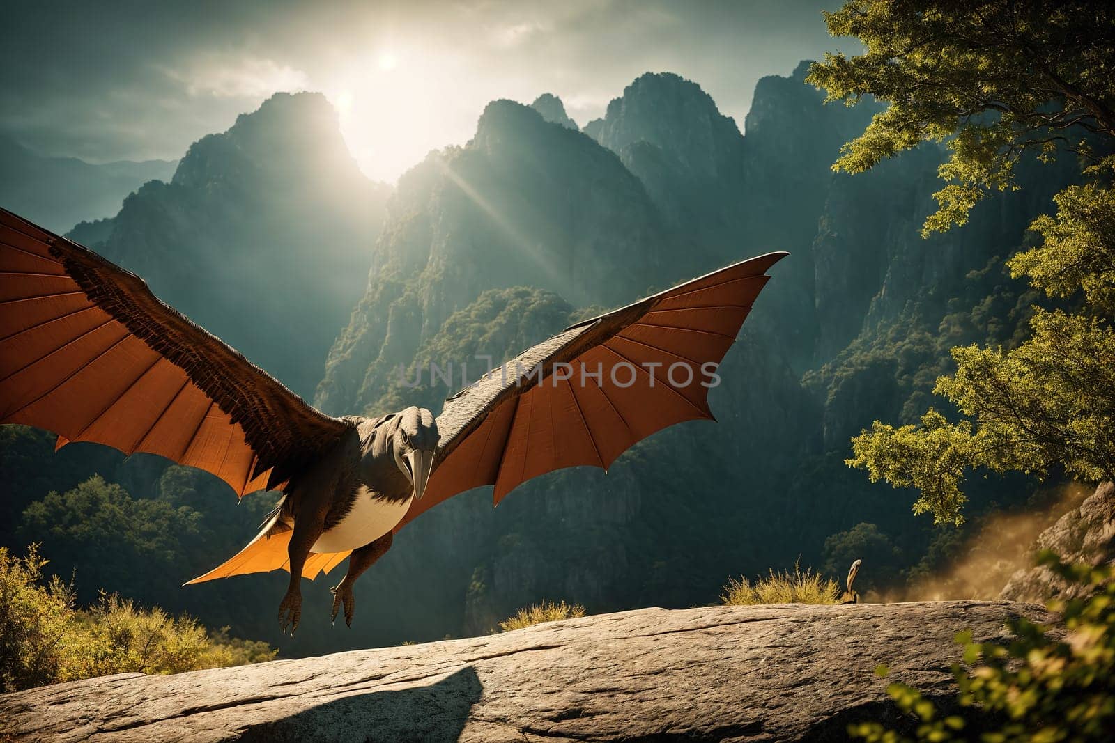 The image shows a large, flying dinosaur with sharp teeth and wings, standing on a rocky outcropping in a mountainous landscape.
