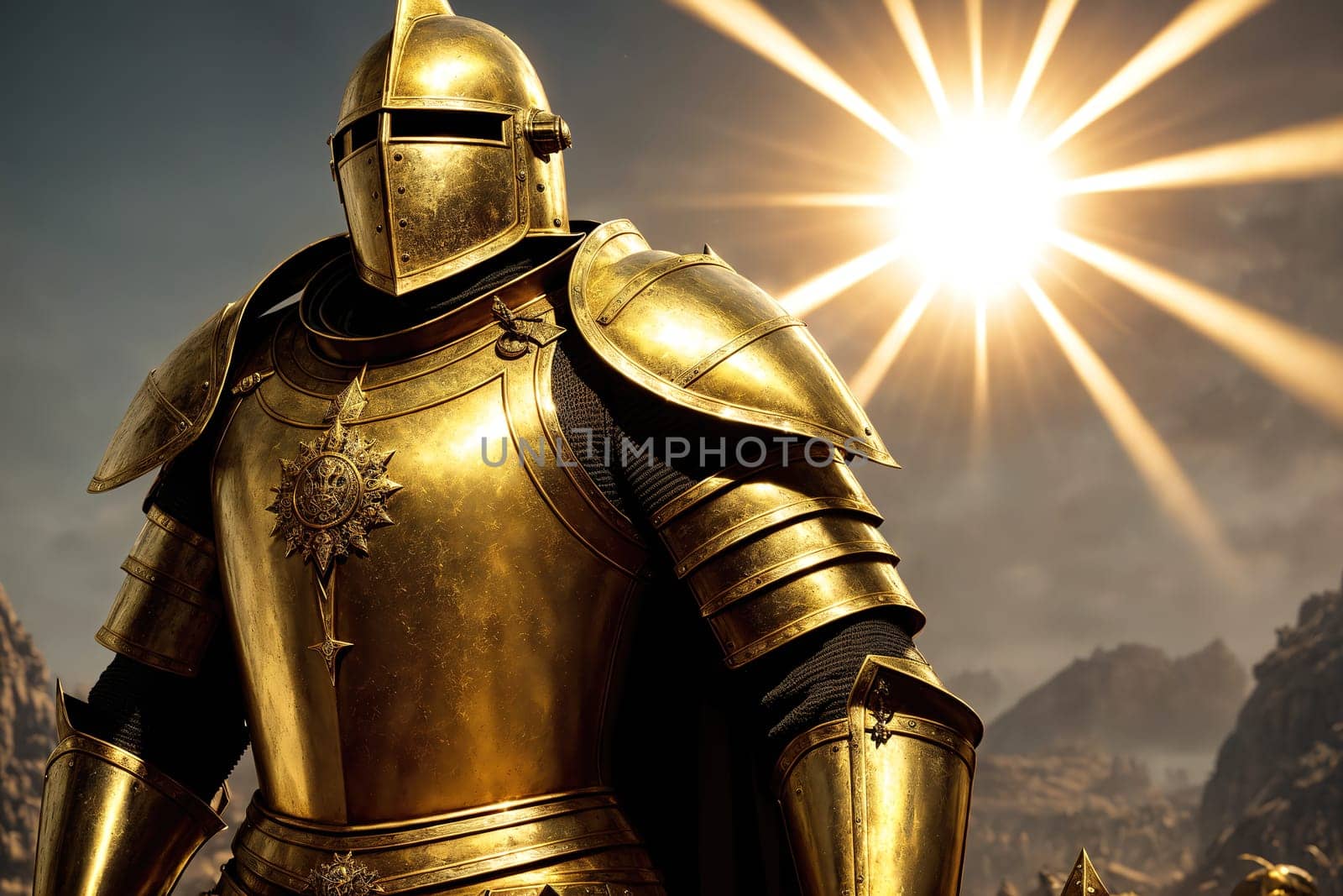 The image shows a knight standing in front of a mountain range, wearing a suit of armor and holding a sword.