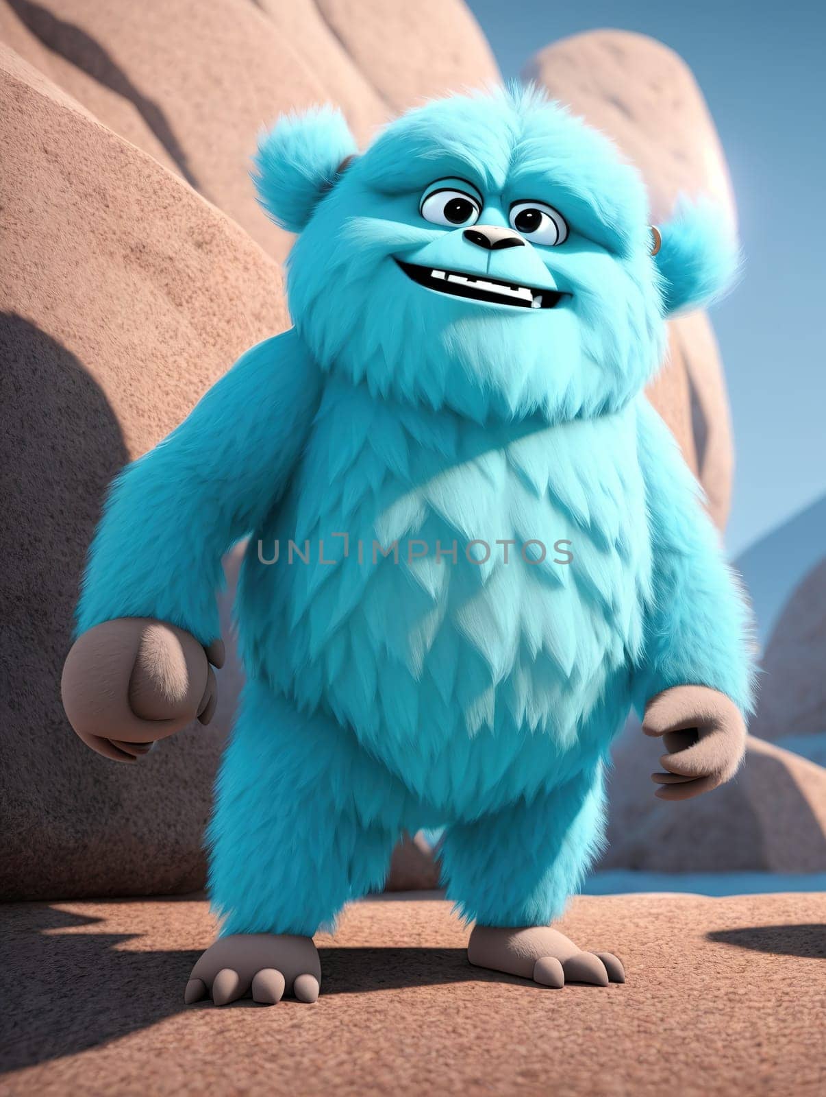 The image shows a cartoon monster standing on a rocky beach, looking out at the ocean.