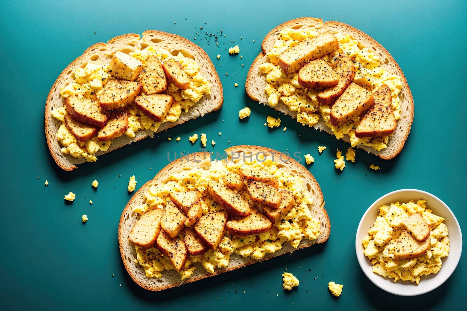 The image shows three slices of toast with scrambled eggs on top, arranged on a green background.