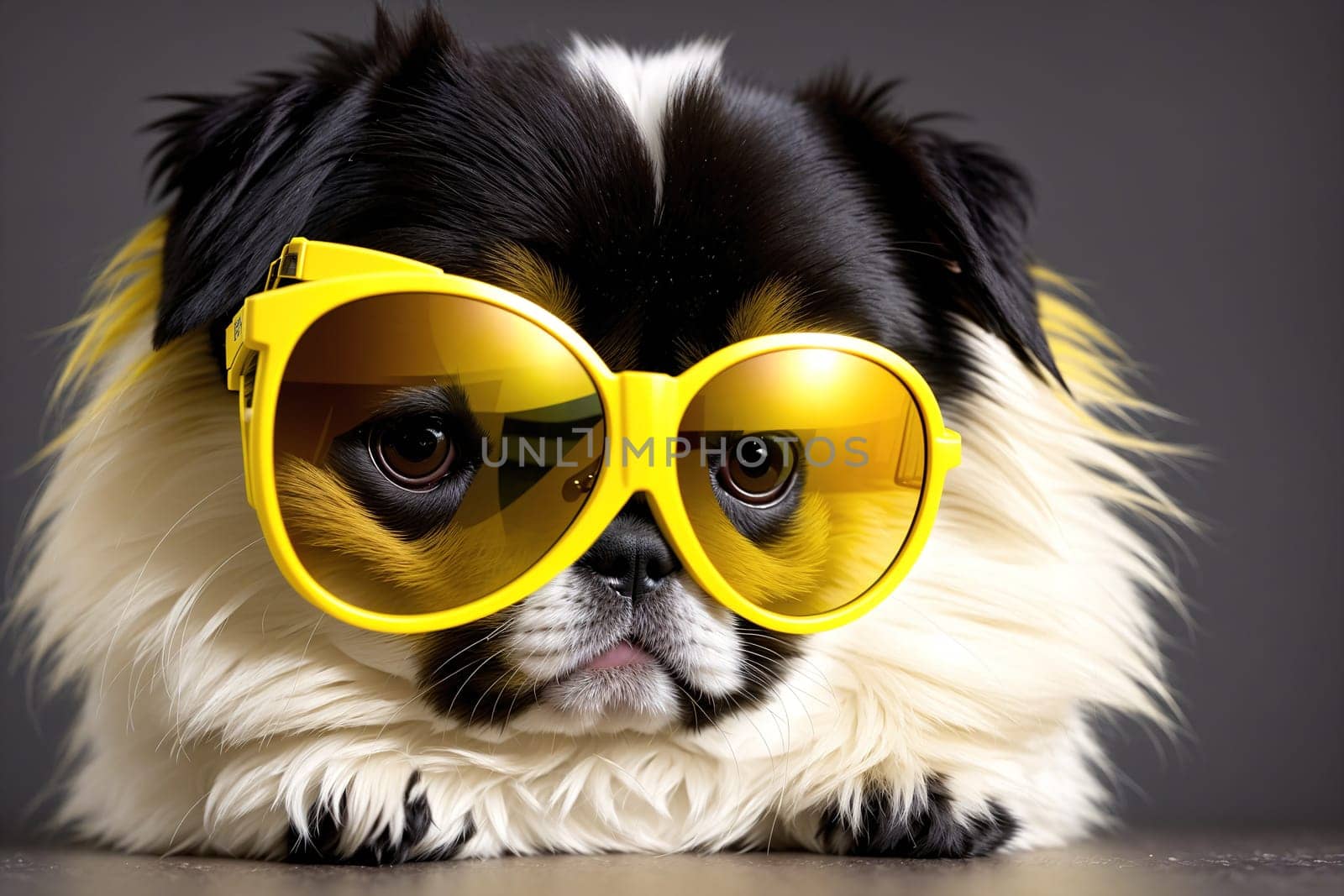 The image shows a small black and white dog wearing sunglasses and sitting on a table.