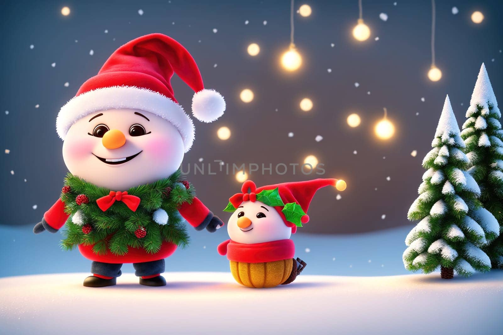 The image shows a cartoon character wearing a Santa Claus costume standing next to a Christmas tree in a snowy landscape.