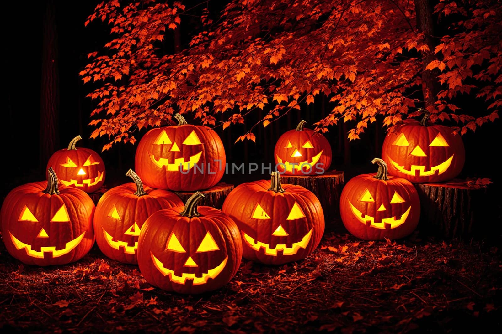 The image shows a group of pumpkins sitting on the ground in front of a tree with orange leaves.