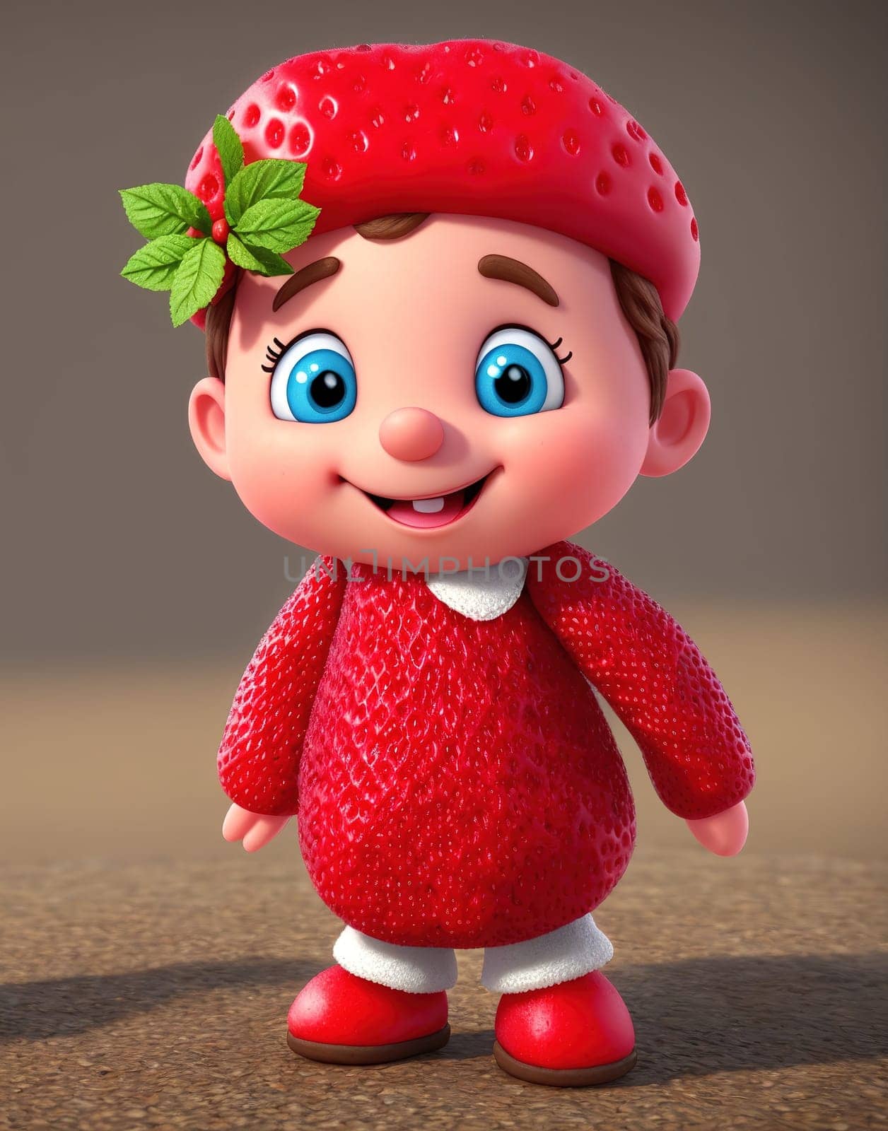 The image shows a cartoon character wearing a red dress and a strawberry hat, standing on a gray background.