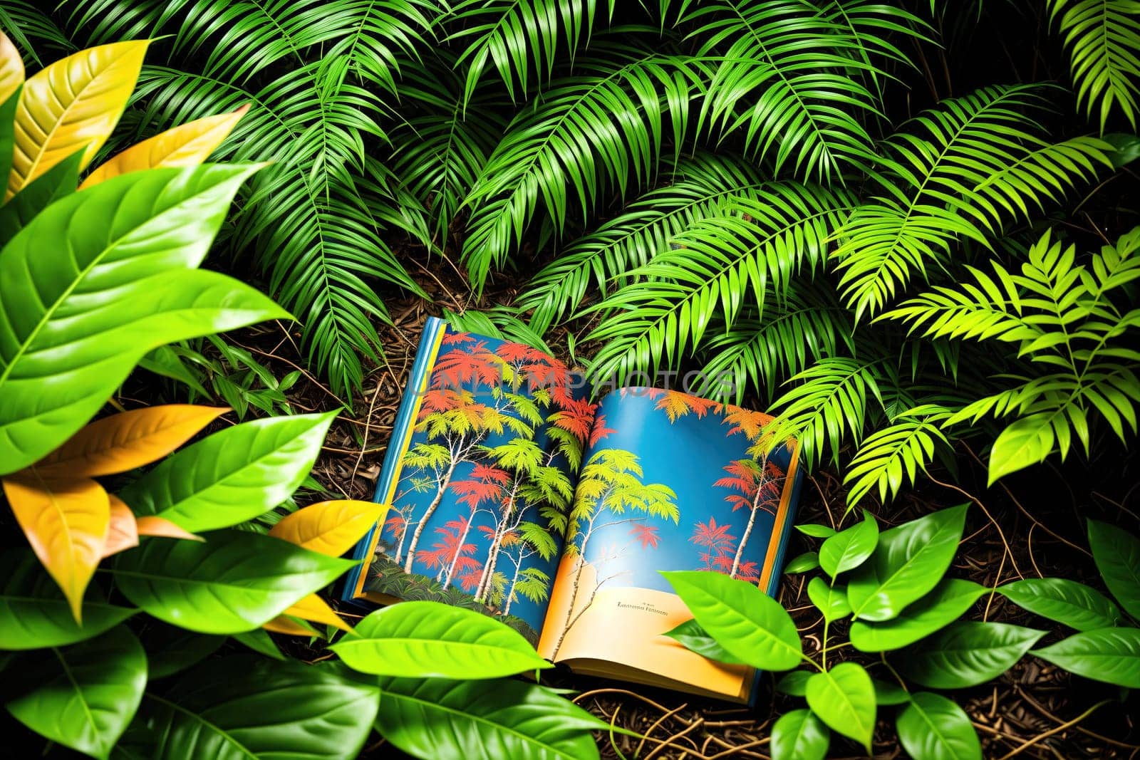The image depicts a book lying on a pile of leaves in a jungle environment.