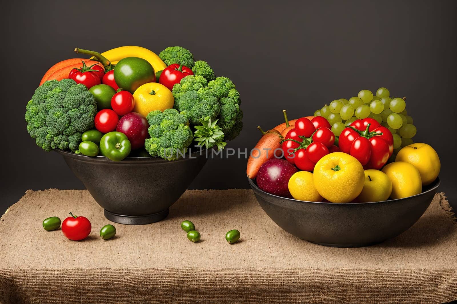 The image shows two black bowls filled with various types of fruits and vegetables, such as apples, bananas, carrots, and tomatoes.