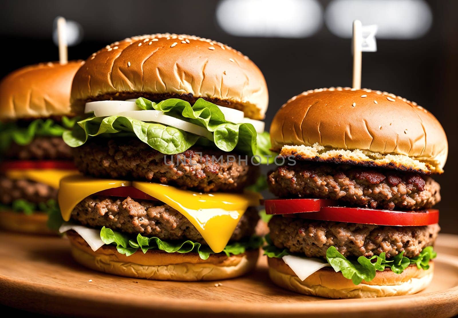 The image shows four hamburgers on a wooden cutting board with lettuce, tomato, cheese, and sauce.