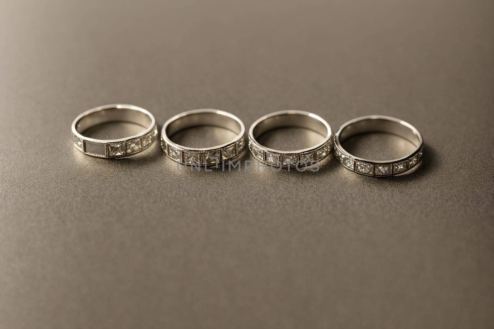 The image is a set of five silver rings with different designs on them.