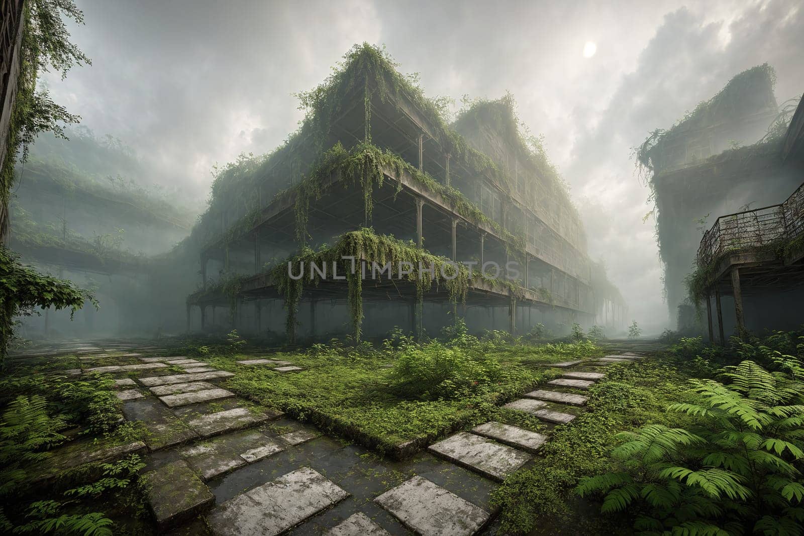 The image depicts a misty, eerie forest with tall trees and overgrown vegetation, creating an atmosphere of mystery and intrigue.