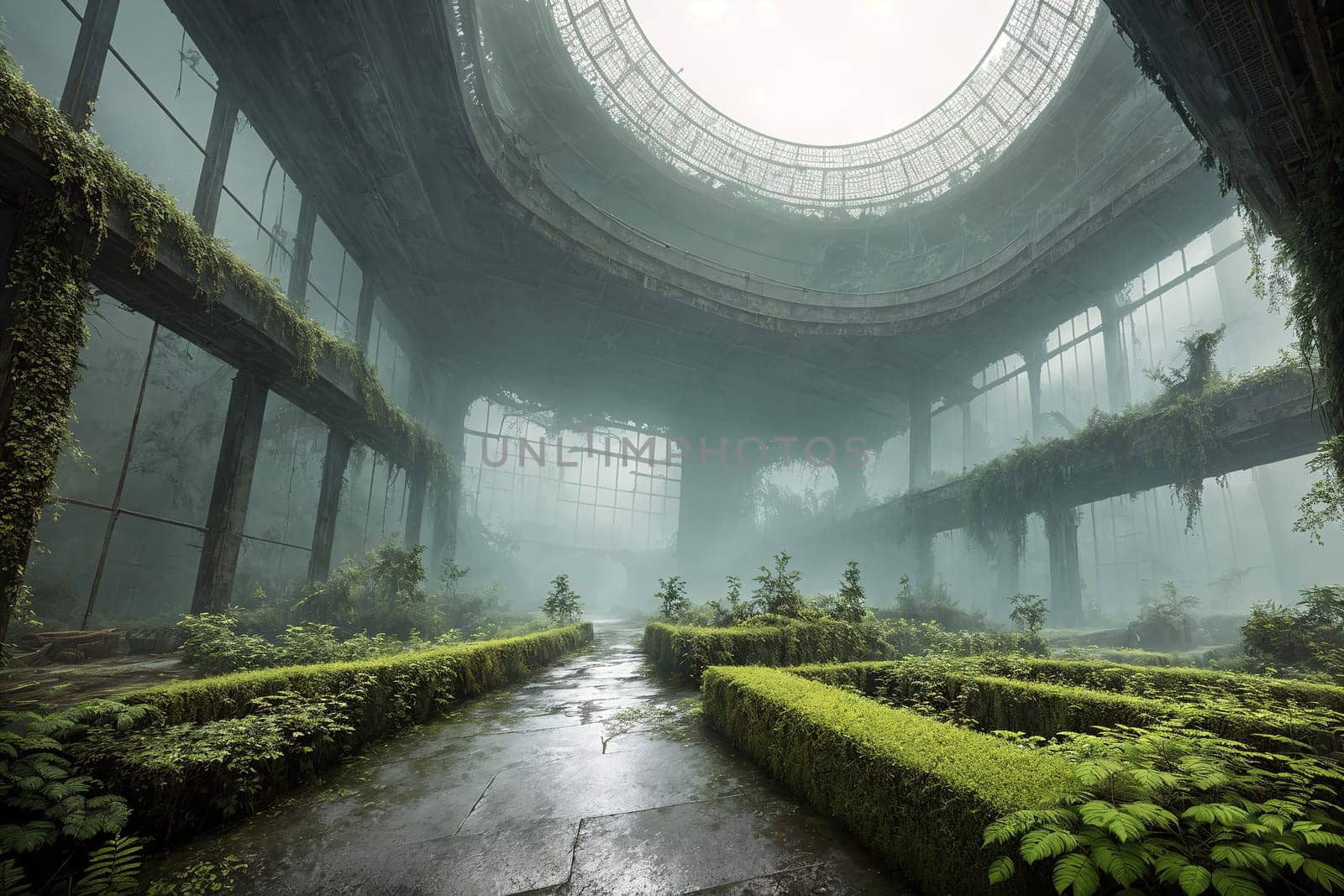The image depicts a large, dimly lit greenhouse with a long, winding path leading through the plants and trees inside.