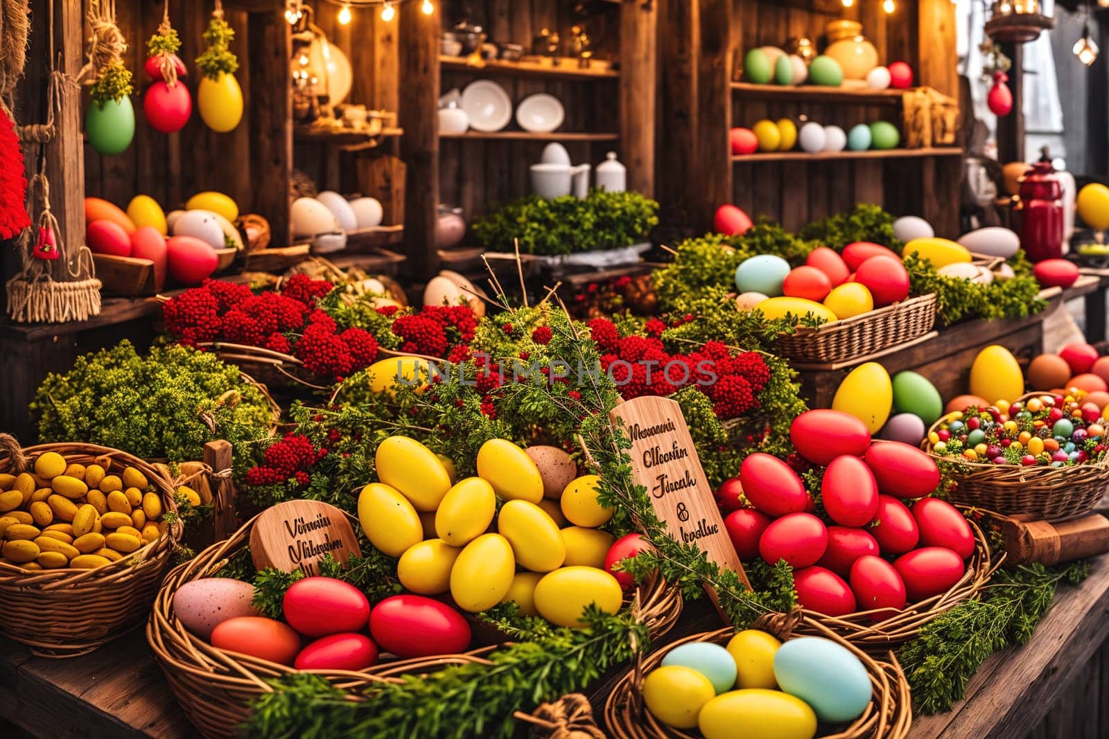 The image shows a colorful and festive market stall filled with baskets of eggs, flowers, and other Easter decorations.