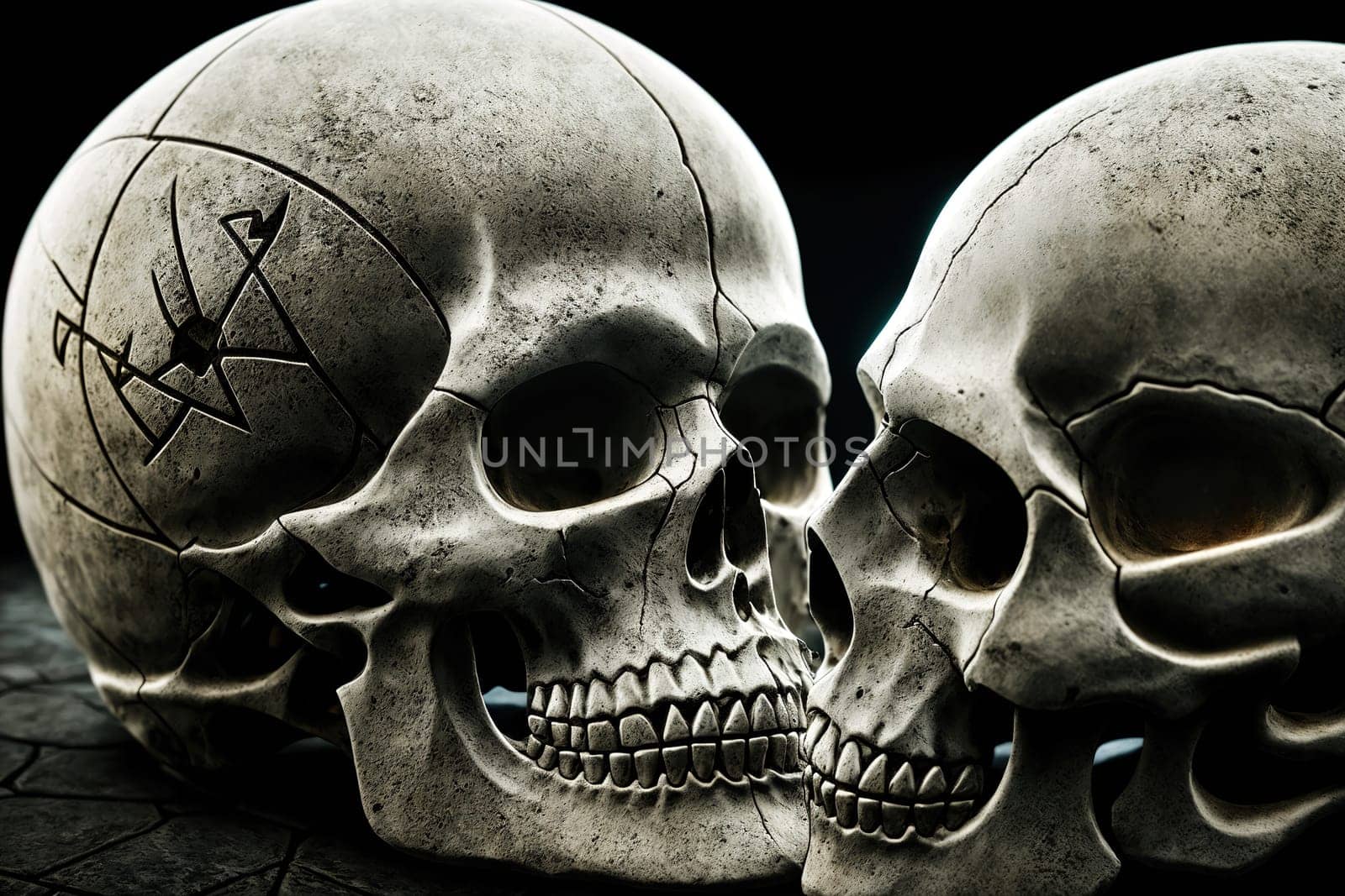 The image shows two skulls sitting on top of each other, with one skull facing up and the other facing down.