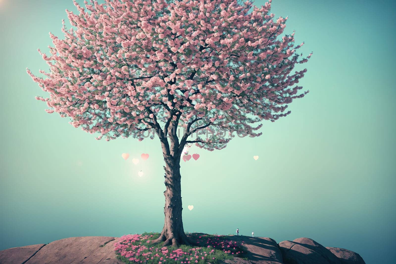 The image depicts a pink cherry blossom tree standing alone on a rocky cliffside, surrounded by a blue sky with fluffy clouds.