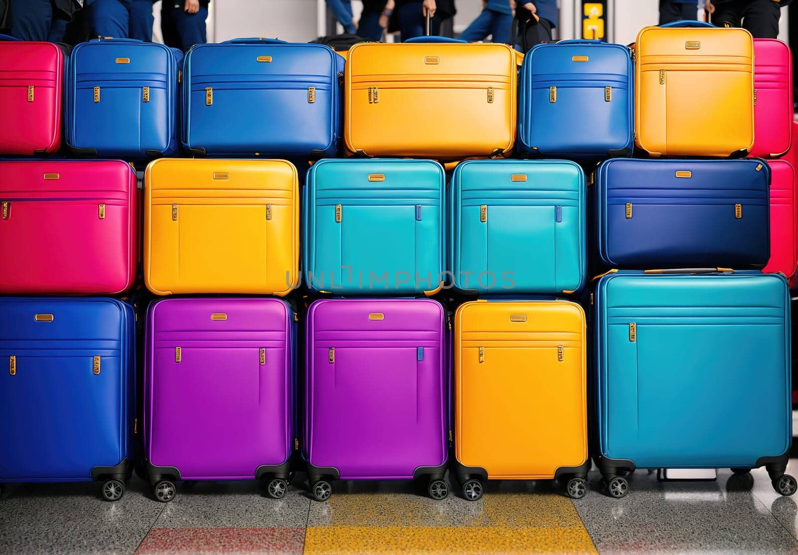 The image shows a group of colorful suitcases stacked up against a wall in an airport terminal.
