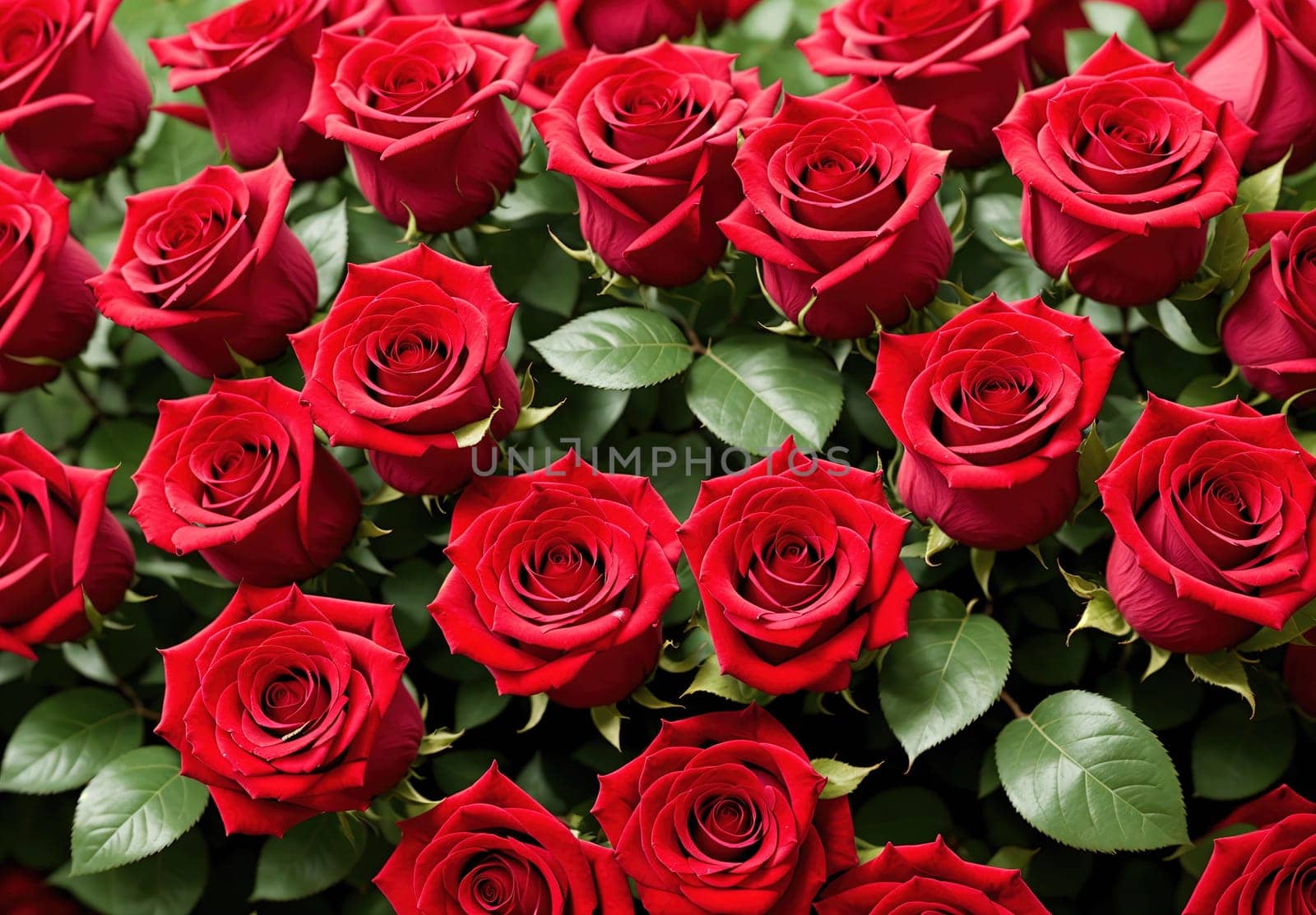 The image is a red rose bouquet with a green background.