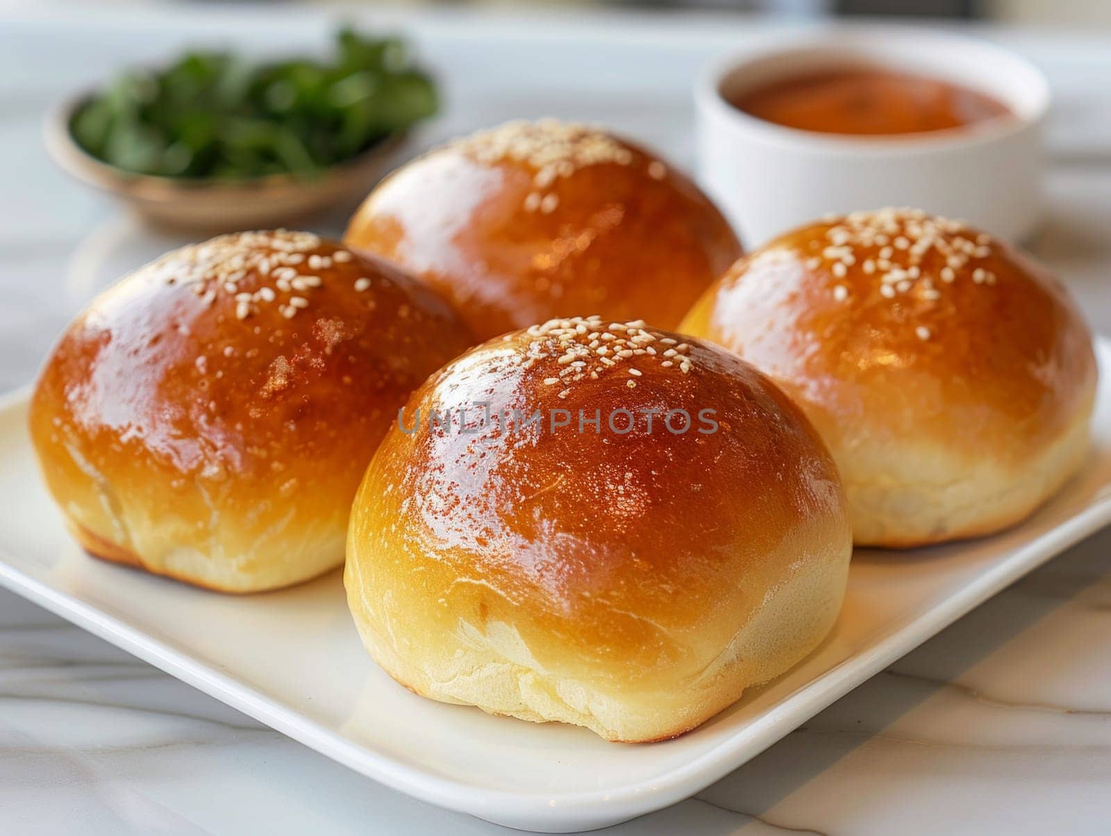 Freshly baked bread buns in a white tray by papatonic