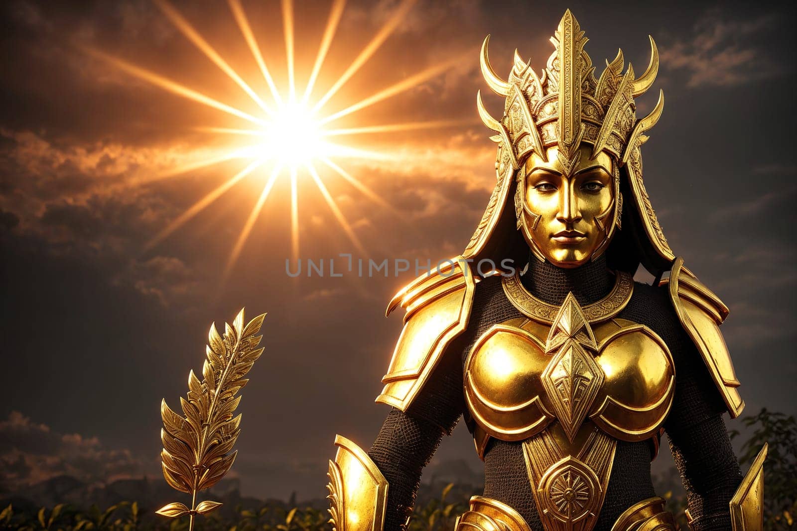 The image depicts a mythical warrior standing in a field of sunflowers, wearing a golden armor and holding a sword in one hand and a shield in the other.
