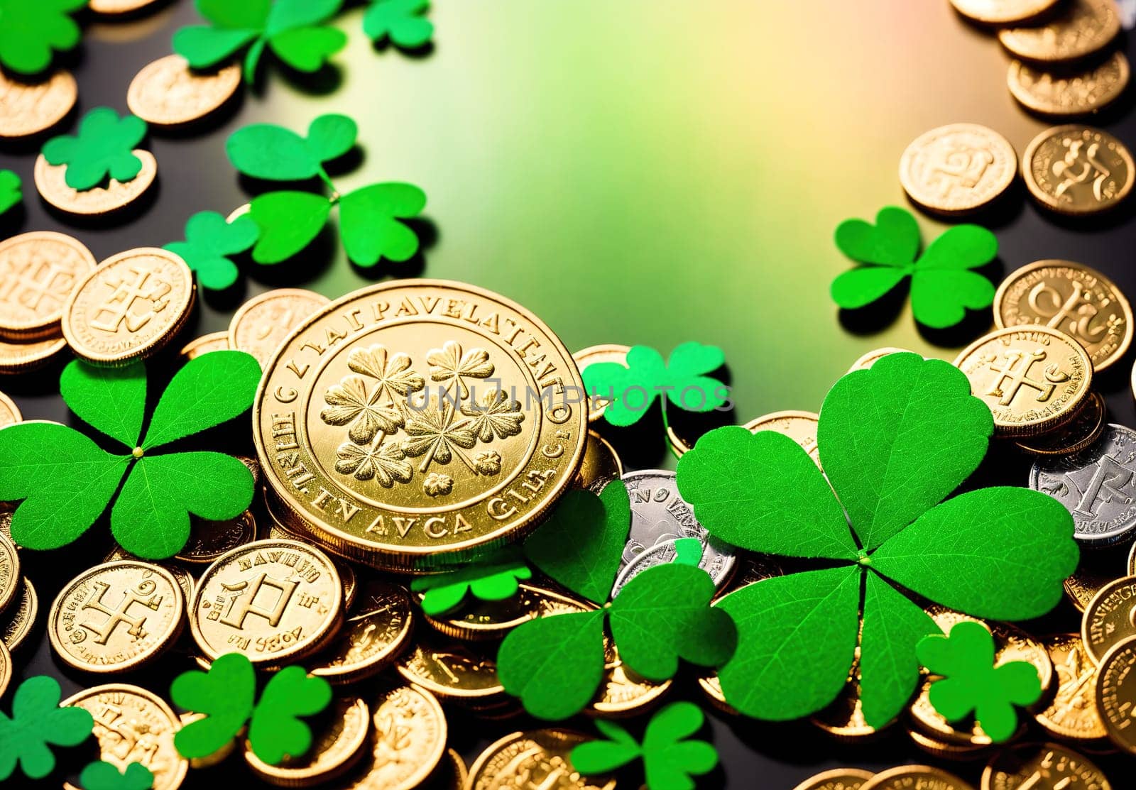 The image shows a pile of coins with shamrocks on top, surrounded by green leaves.