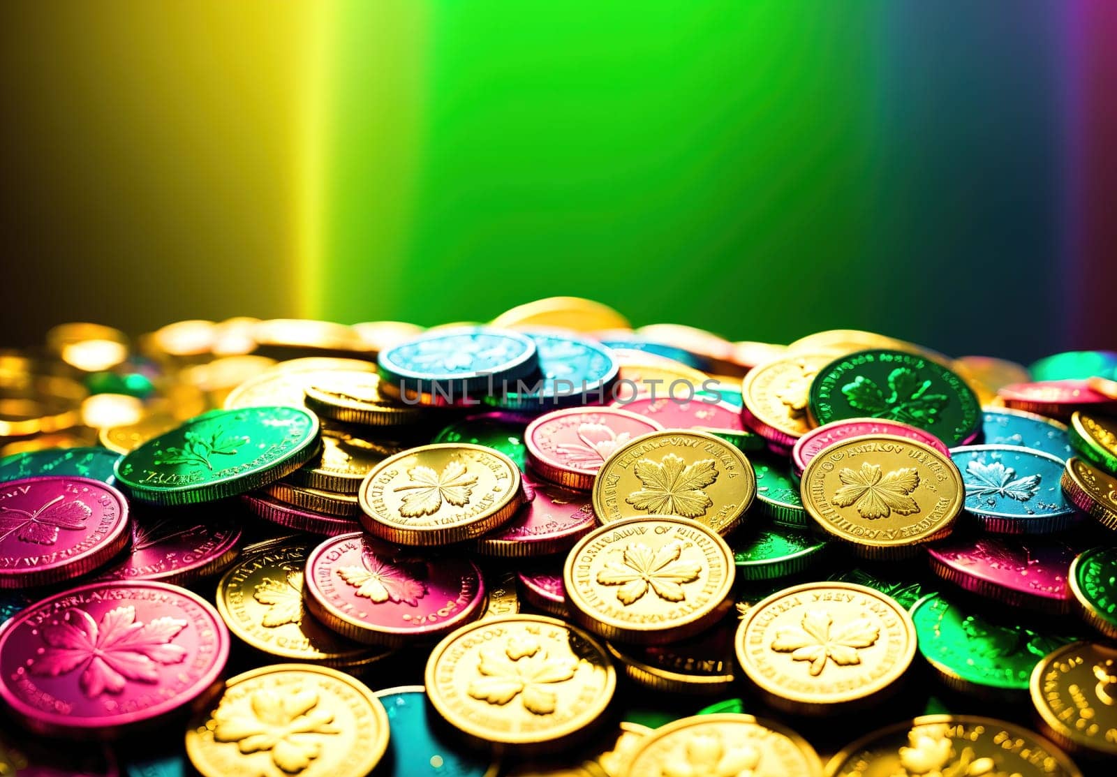 The image shows a pile of colorful coins with different denominations and designs, some of which are shiny and some of which are not.
