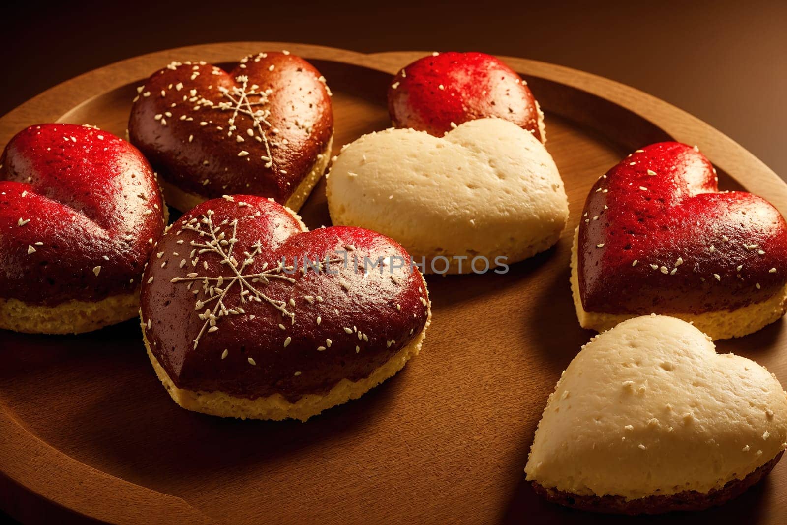 The image depicts a tray filled with various types of pastries, including red and white heart-shaped cookies, on a wooden surface.
