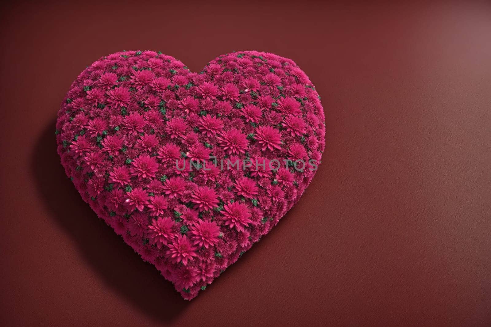 The image is a pink heart-shaped flower arrangement on a brown background.