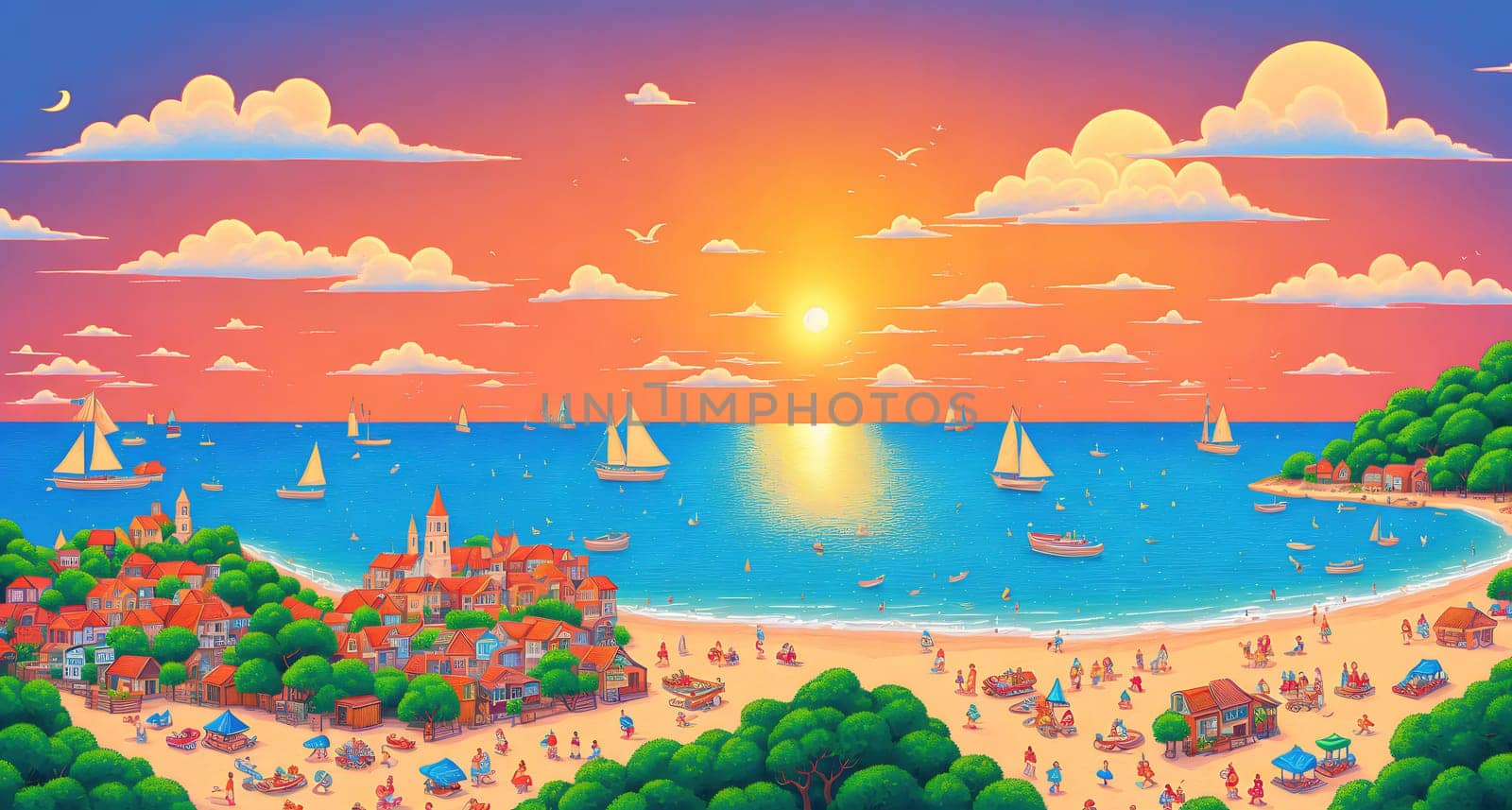 The image depicts a small beach town with houses, boats, and people enjoying the sunset on the ocean.