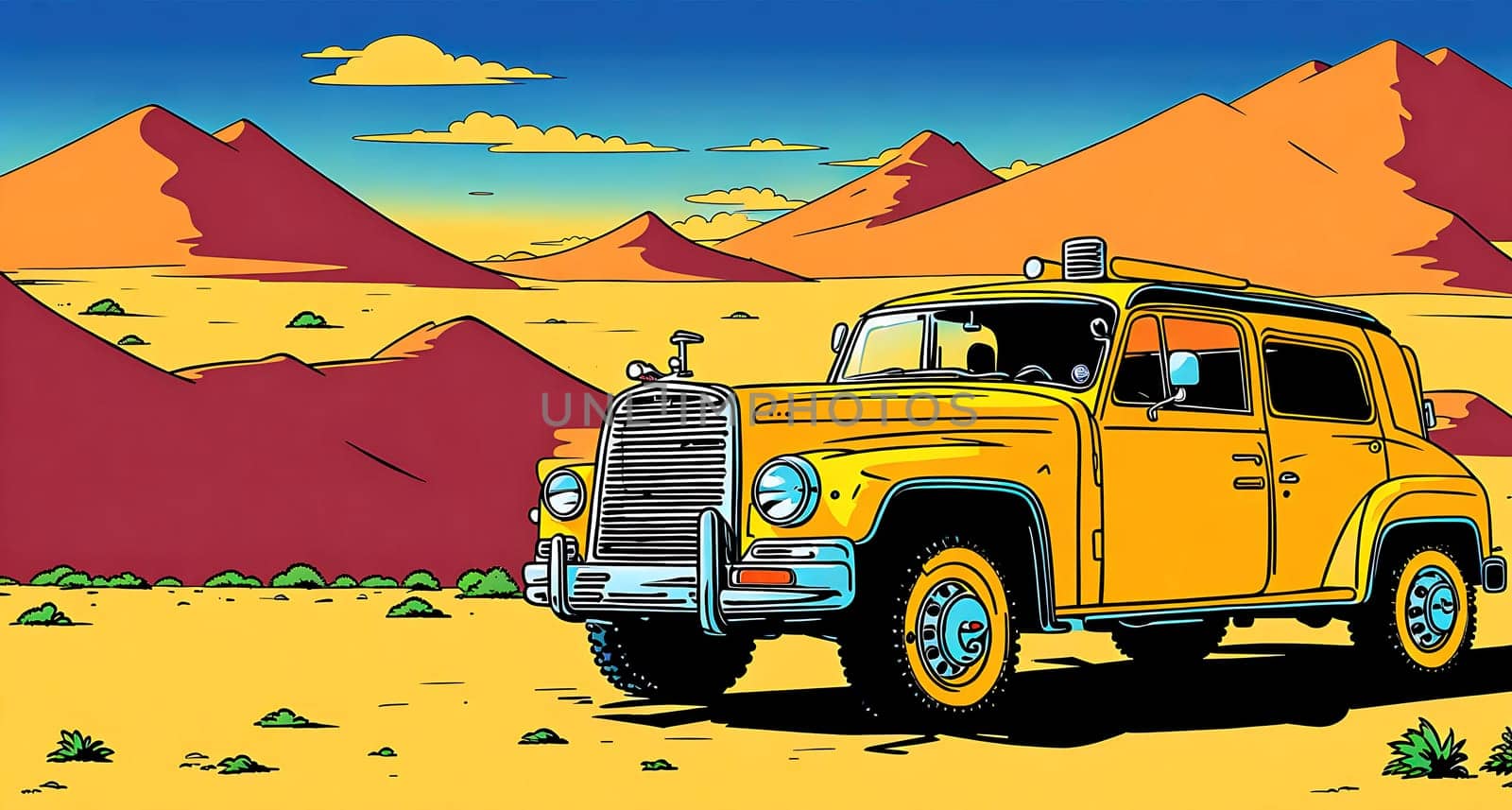 The image shows an old yellow truck driving through a desert landscape with mountains in the background.