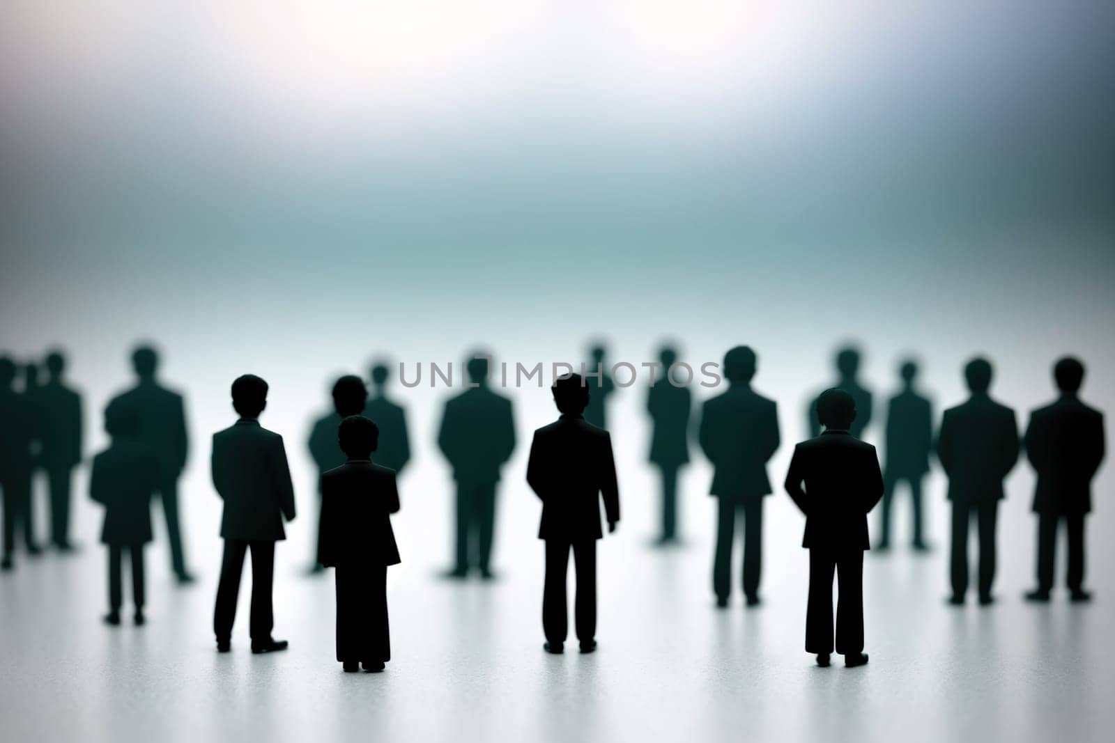 The image depicts a group of people standing in a line, with their backs to the camera, creating a silhouette effect.