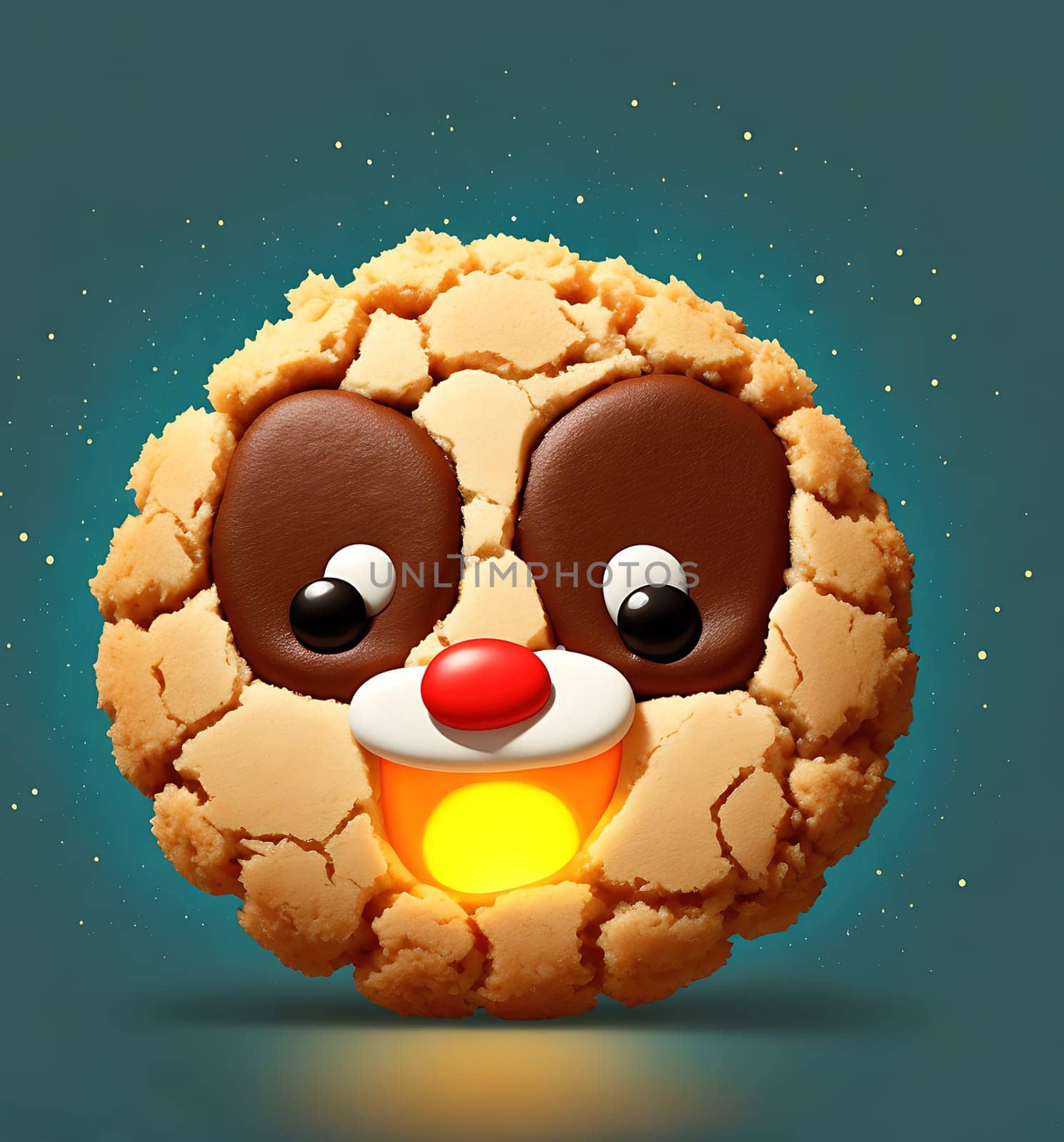 The image is a cartoon cookie with a smiling face and a cute expression on its face.