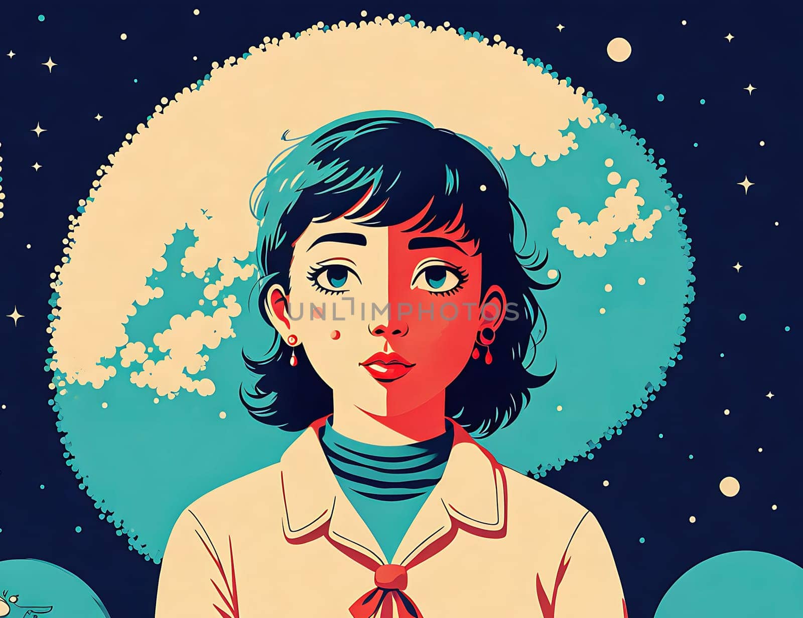 The image depicts a young girl standing in front of a stylized background of stars and planets, with a thoughtful expression on her face.