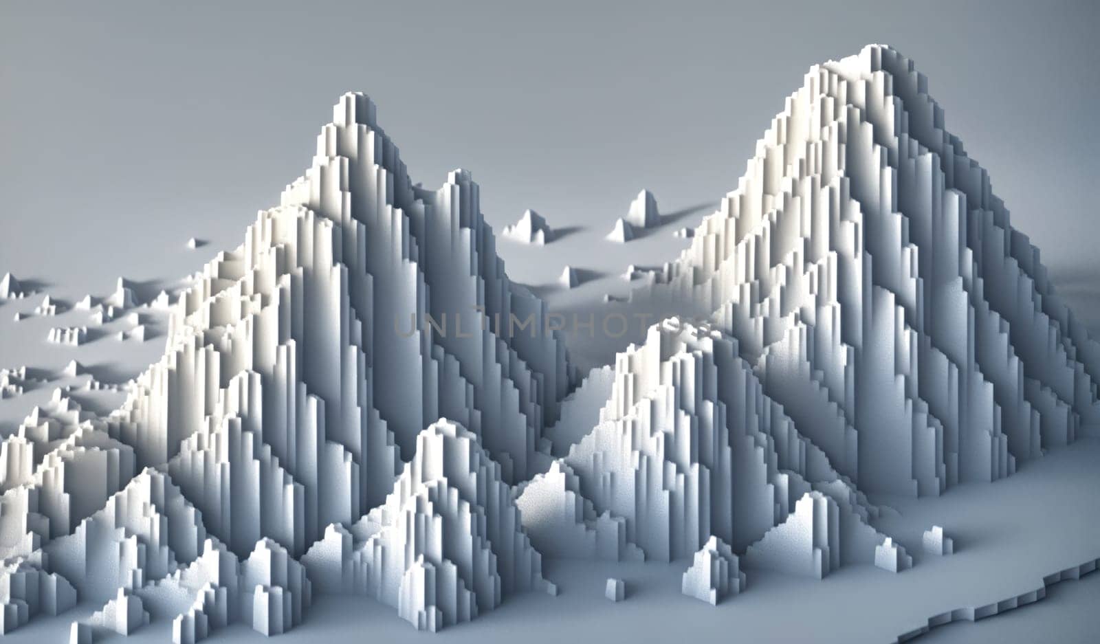 The image is a 3D rendering of a mountain landscape with snow-capped peaks and valleys.