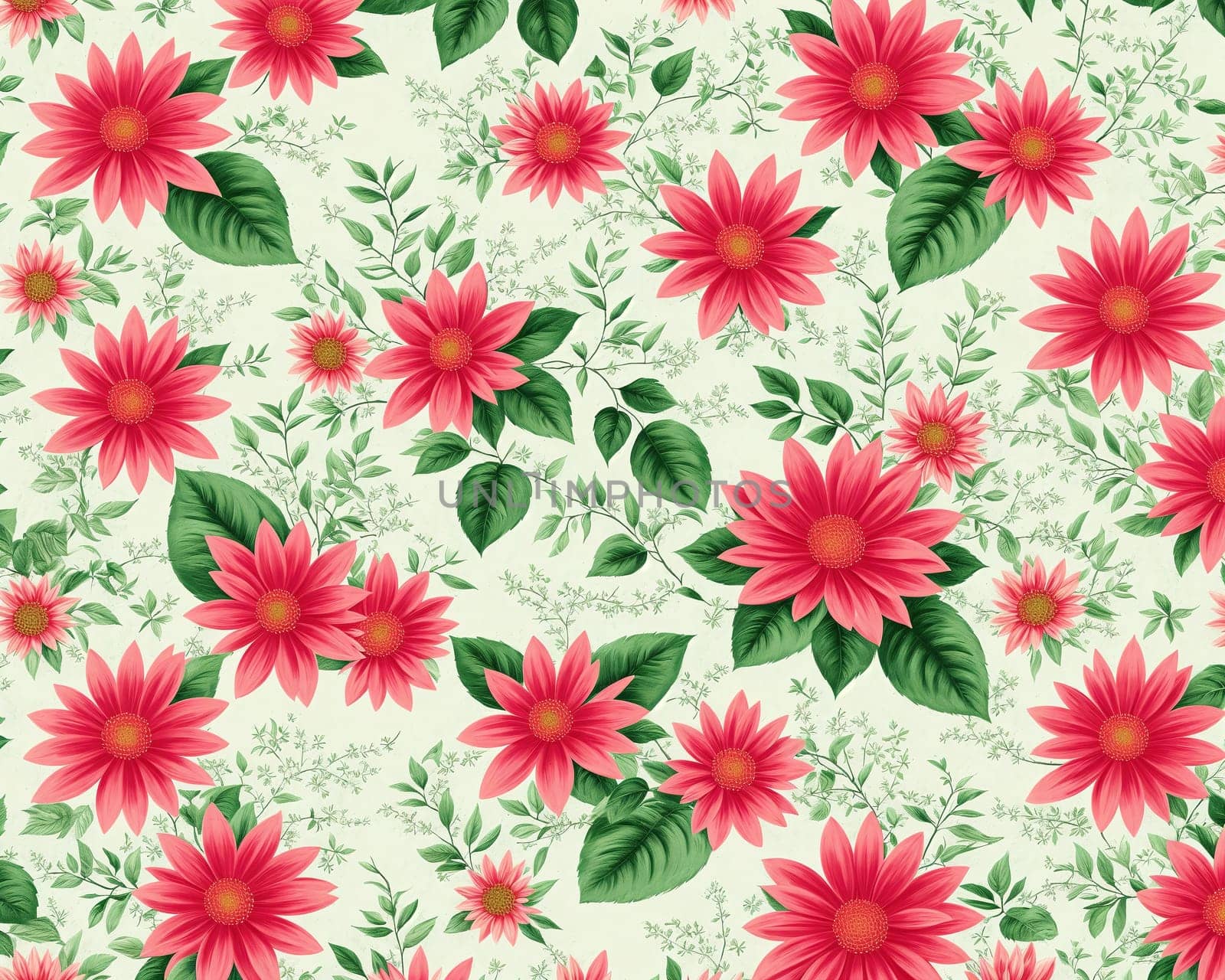 The image is a floral pattern with pink and green flowers on a beige background.