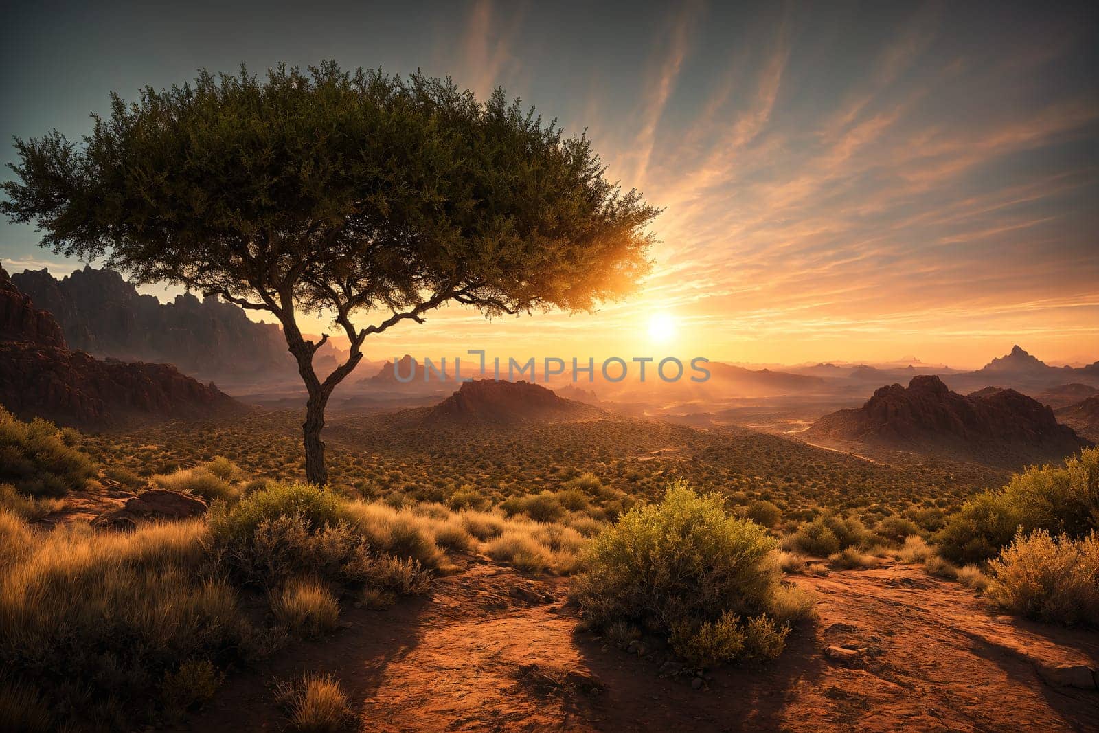 The image shows a lone tree standing on a rocky hillside at sunset, with the mountains in the background.