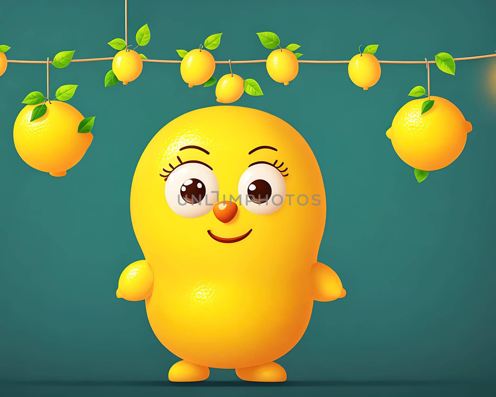 The image is of a cartoon lemon character hanging from a string of lemons with a smile on its face.