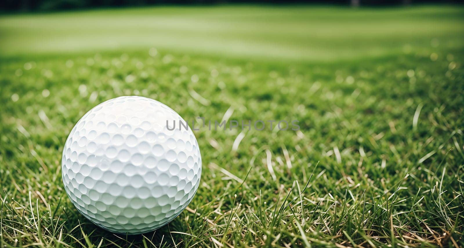 The image shows a white golf ball sitting on top of a patch of green grass, with a clear blue sky in the background.