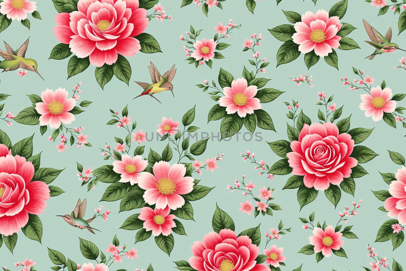 The image is a pink floral wallpaper with birds and flowers on it.