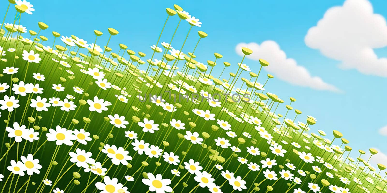 The image depicts a field of white flowers swaying in the wind under a blue sky with fluffy white clouds.